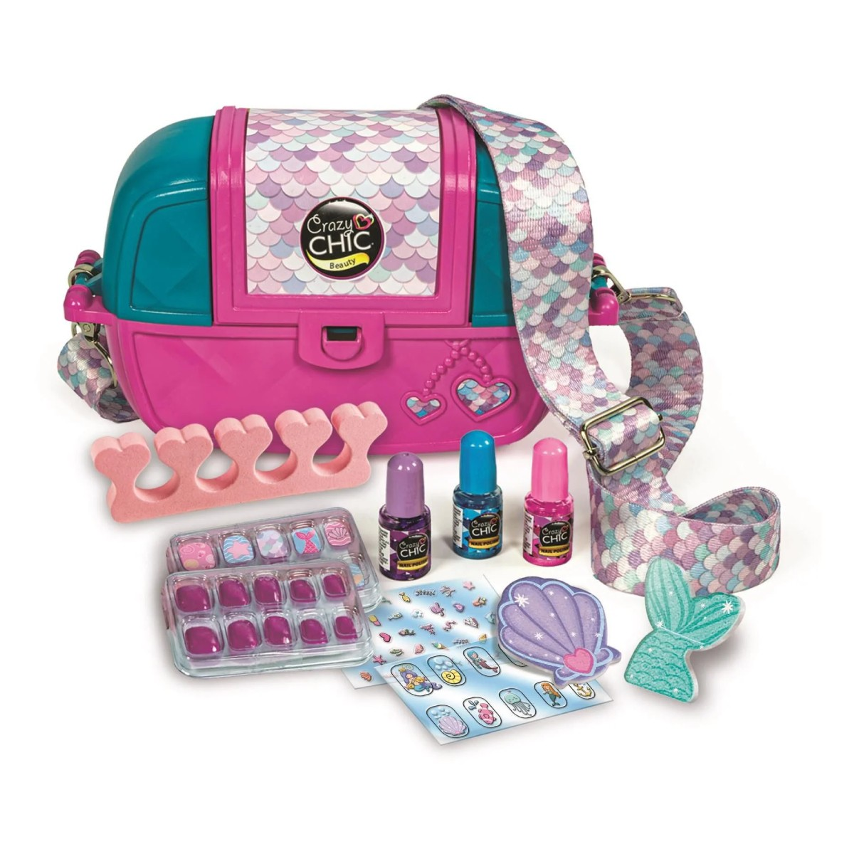 Un beauty set con borsa rosa, smalti, unghie finte e separatori per dita dei piedi.