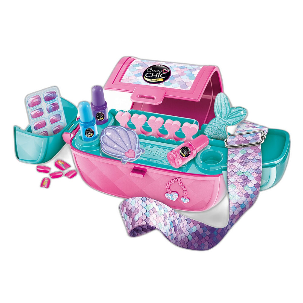 Vanity rosa e turchese con smalto, unghie finte e design a squame di sirena.