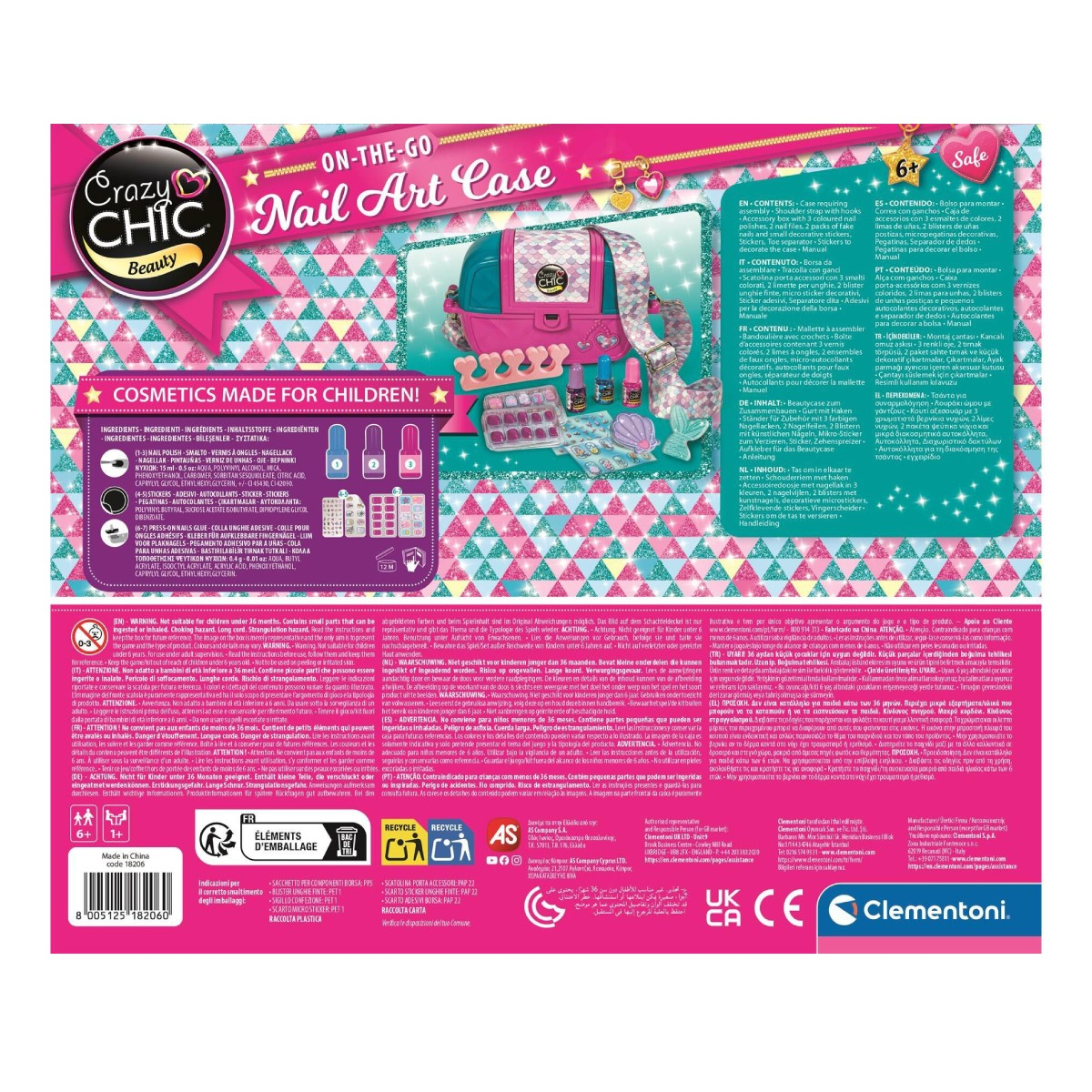 Crazy Chic Nail Art Case con cosmetici e accessori. Valigetta rosa con design a sirena.
