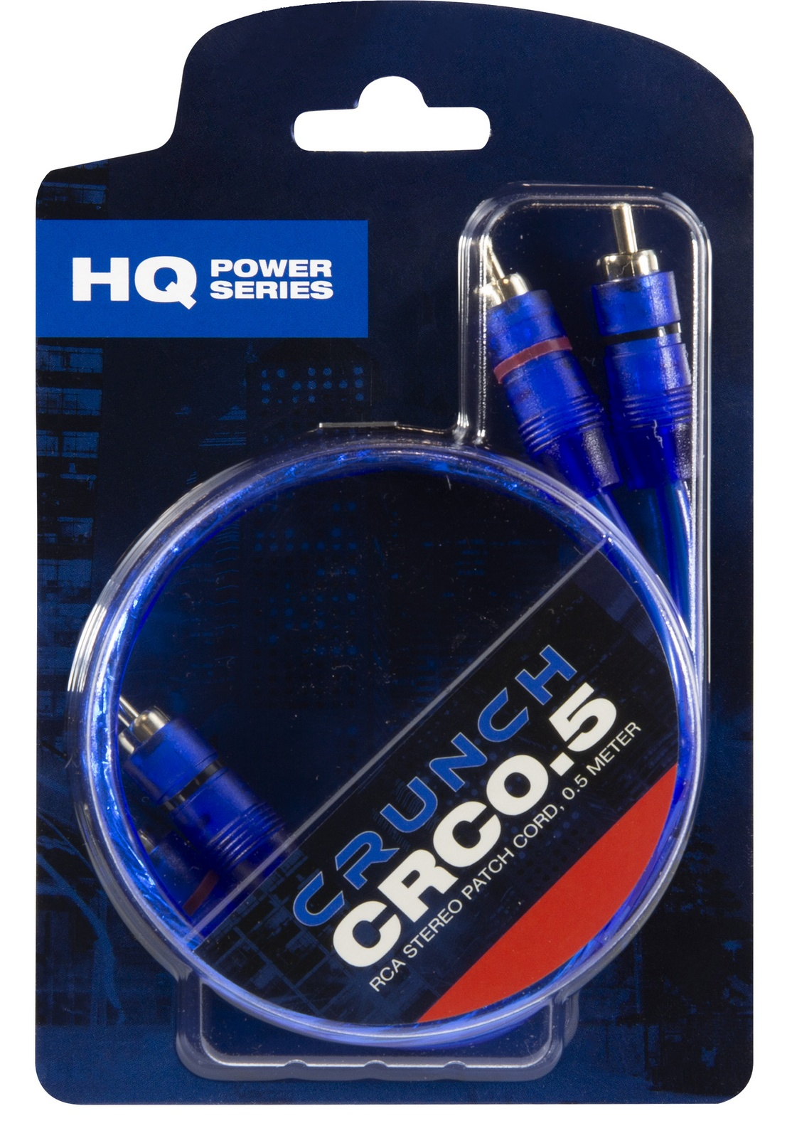 Verpackung mit blauer Kabelrolle und RCA-Anschlüssen.