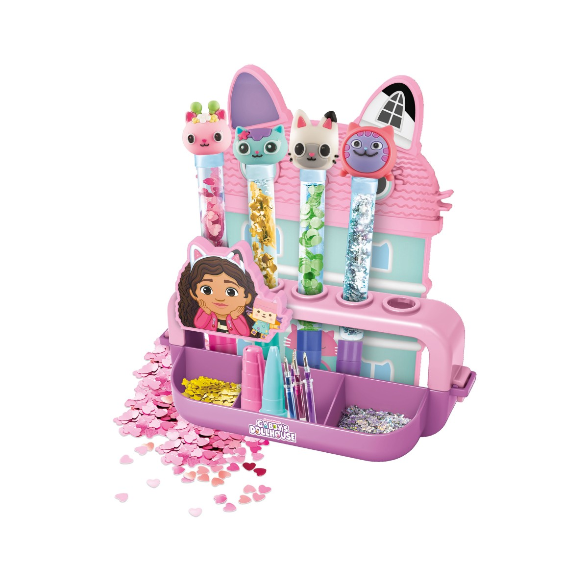 Un kit creativo rosa di Gabby's Dollhouse con tubi di glitter, ritagli di personaggi e coriandoli a forma di cuore.