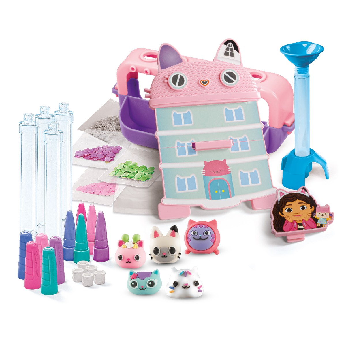 Un playset casa di gatto con accessori, tubi, sacchetti di coriandoli colorati e figure di gatto.