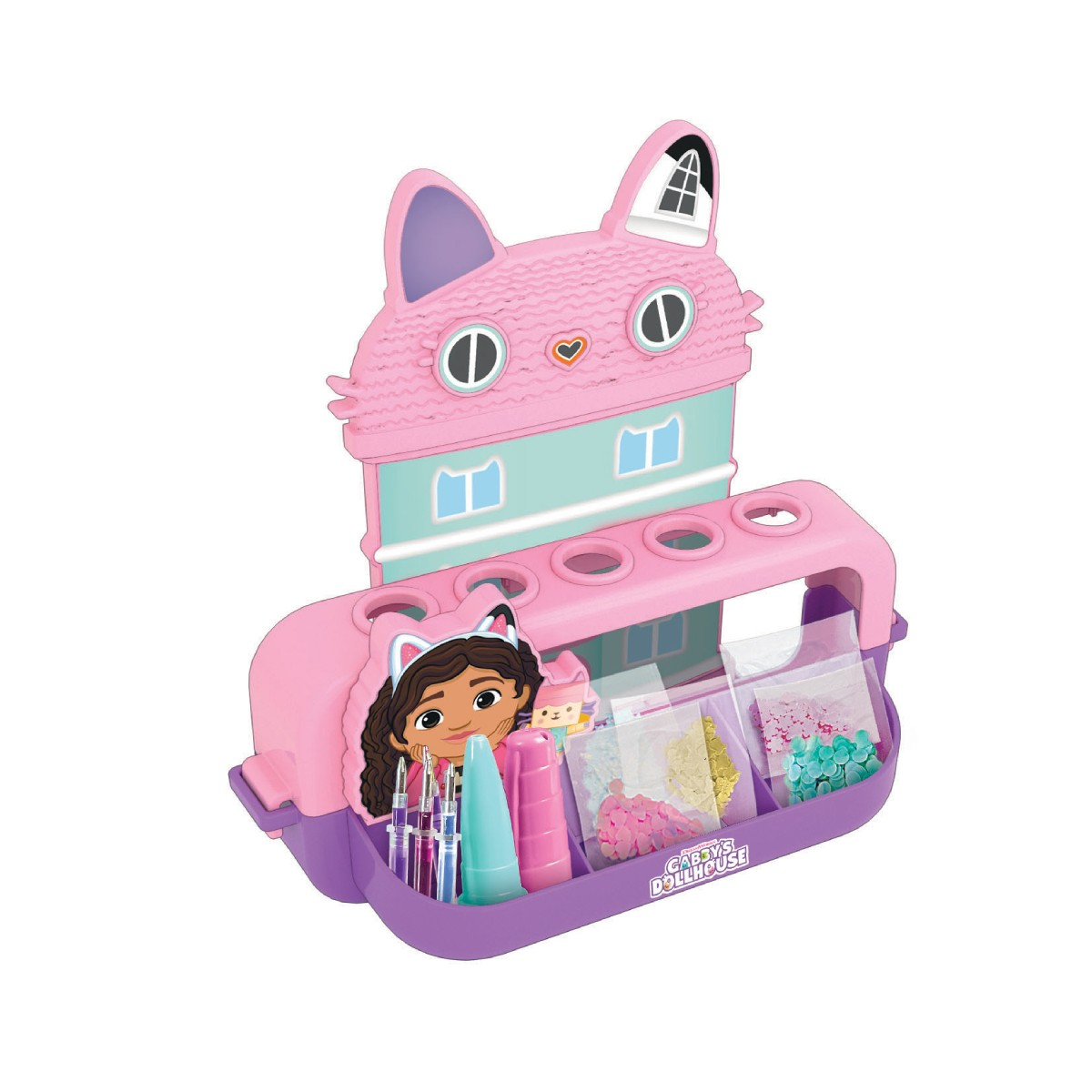 Un playset rosa a forma di gatto con materiali artistici e una bambola Gabby.