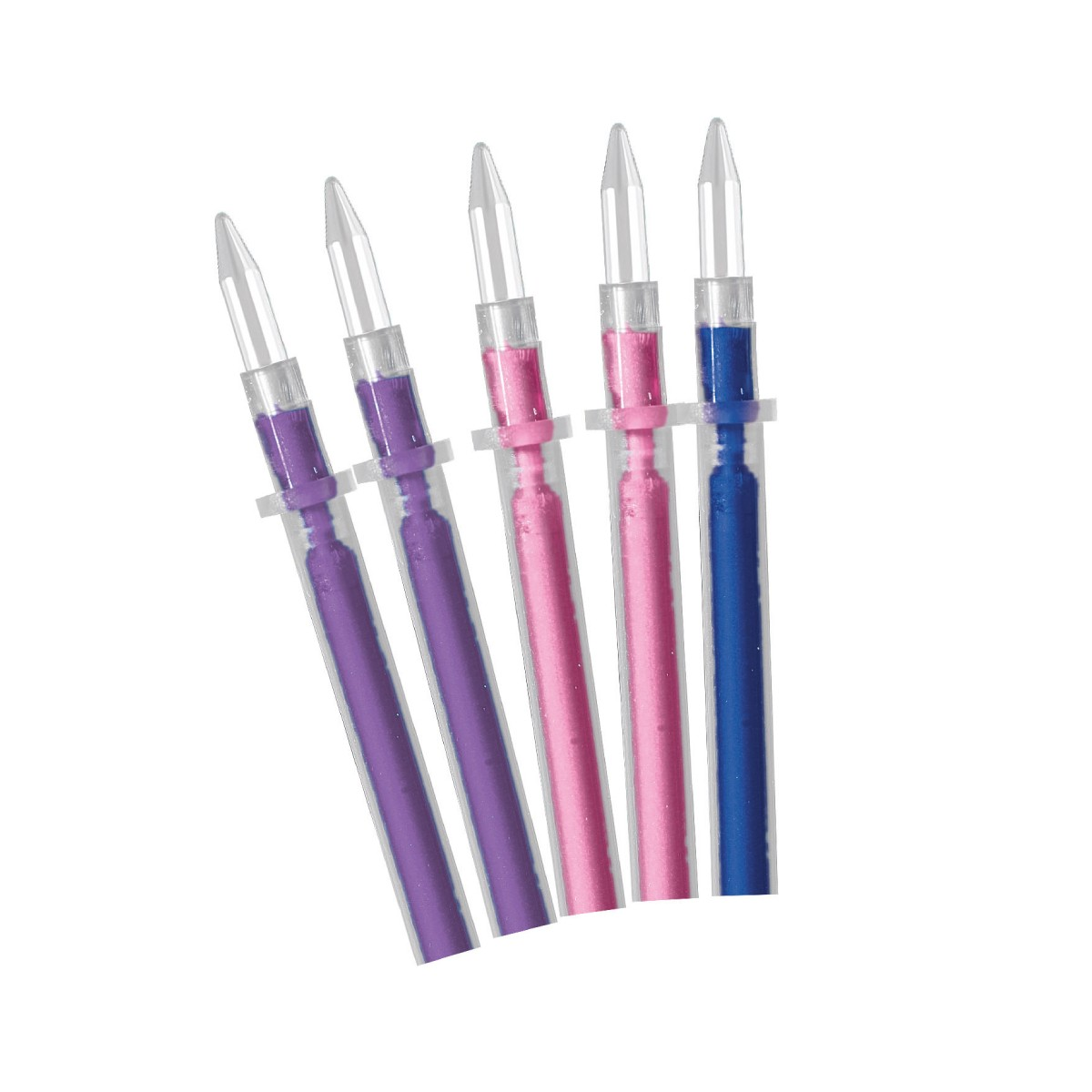 Cinque ricariche per penna con inchiostro viola, rosa e blu, su sfondo bianco.
