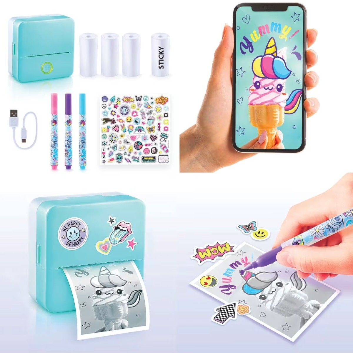 Una stampante per adesivi blu con accessori, un telefono e adesivi.