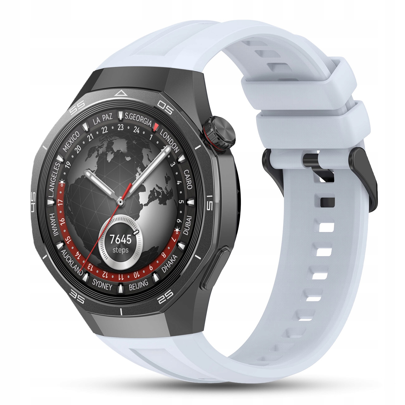 Szary smartwatch z białym paskiem wyświetla mapę świata i 7645 kroków.