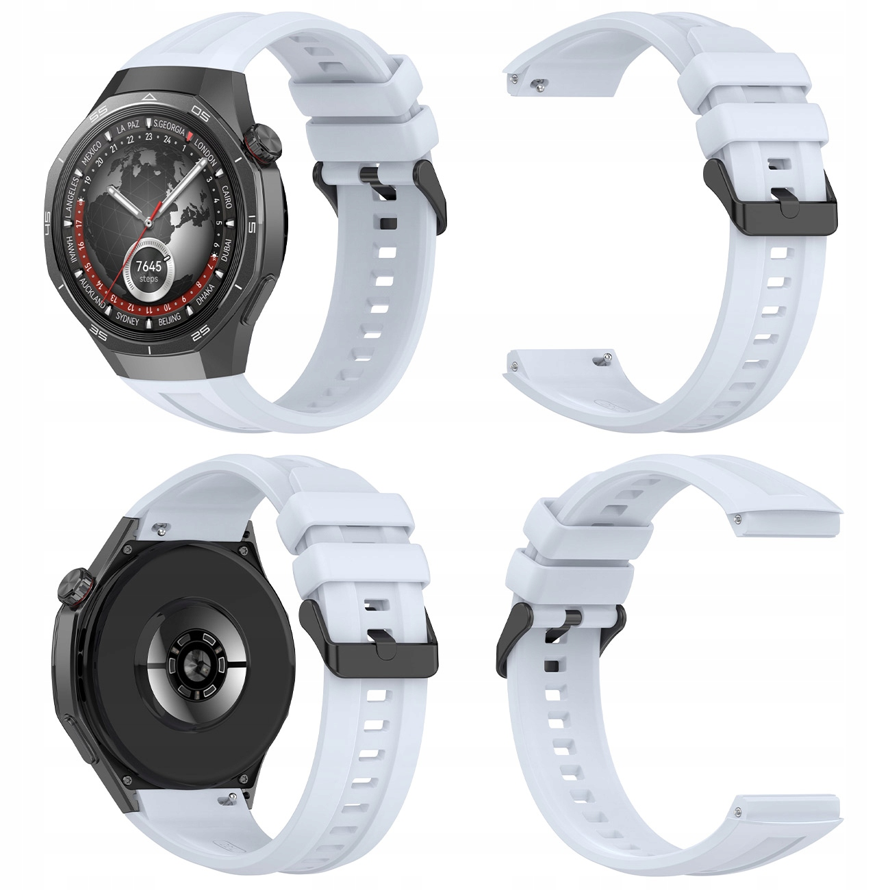 Biały smartwatch z czarną tarczą, wzorem mapy świata i paskiem.
