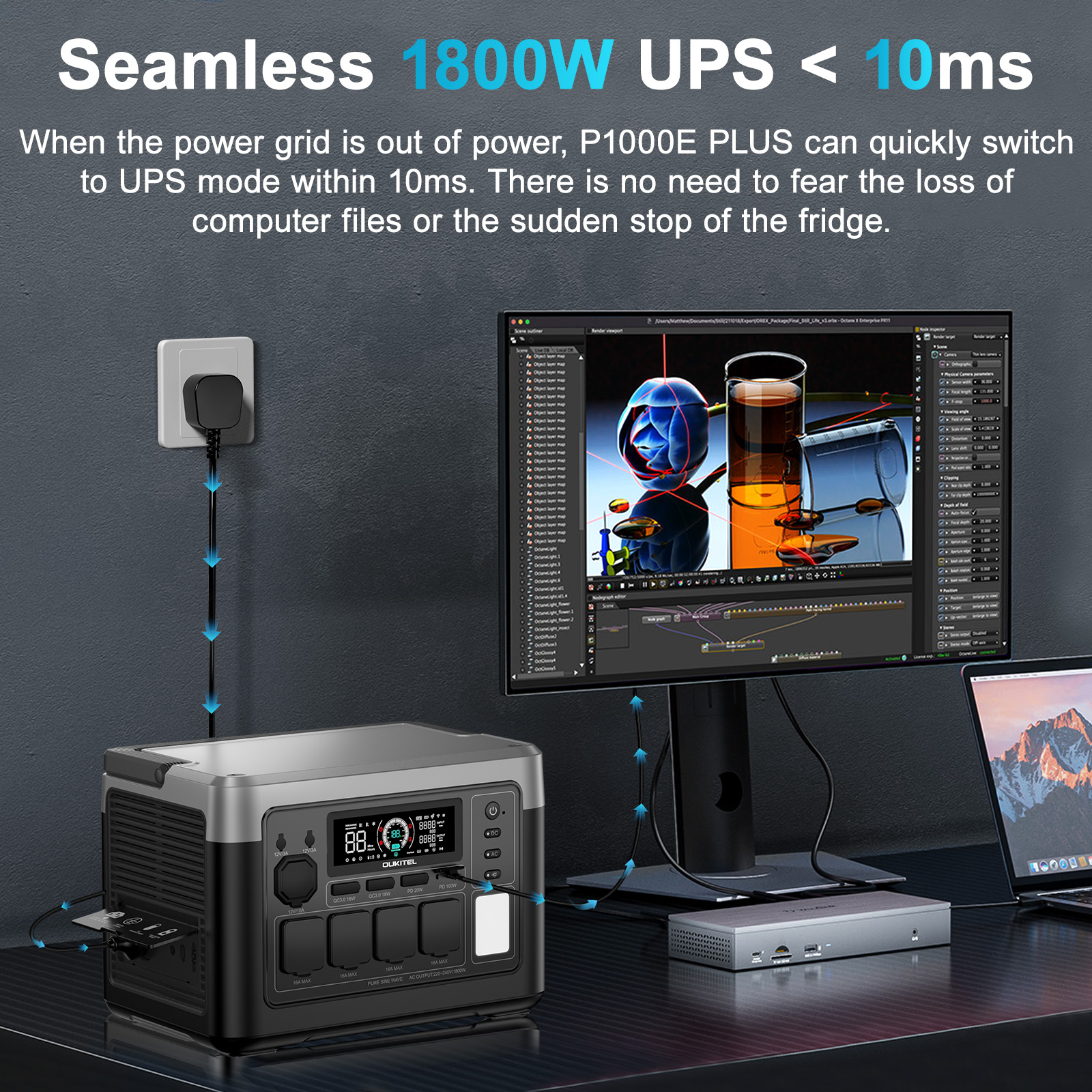 Un dispositivo UPS con un monitor que muestra gráficos 3D y un portátil.