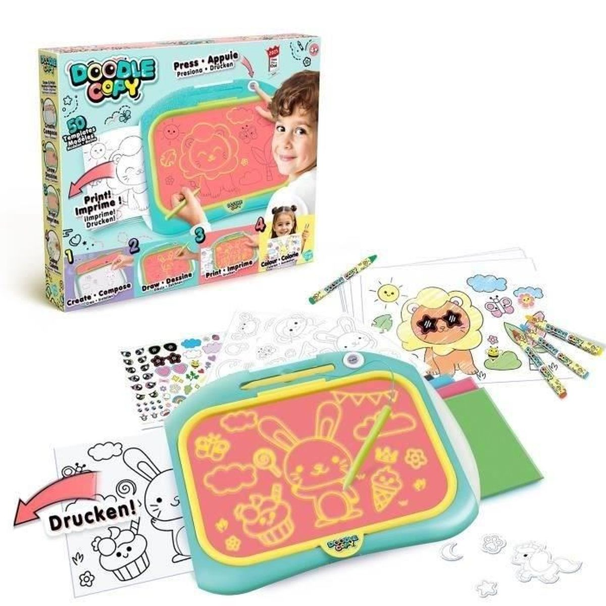 Una lavagna da disegno giocattolo con design di coniglietto, penne e template.