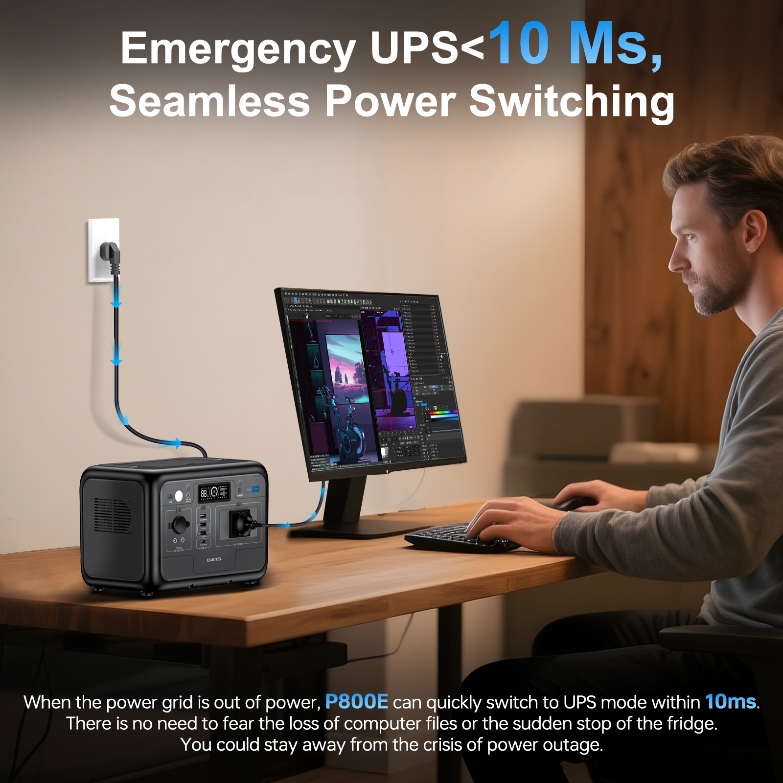 Un hombre se sienta en un escritorio, trabajando en una computadora. Una unidad de UPS está conectada.