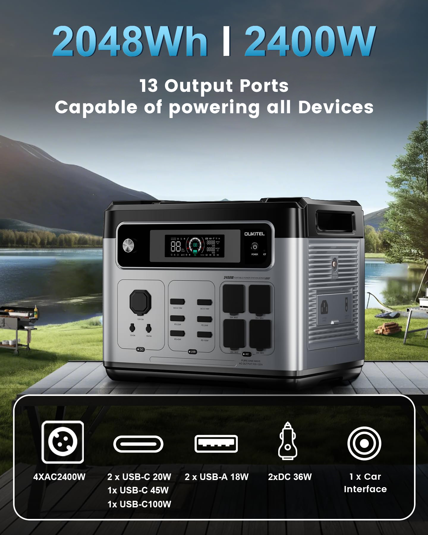 Una central eléctrica portátil OUKITEL de 2400W y 2048Wh junto a un lago. Tiene 13 salidas.