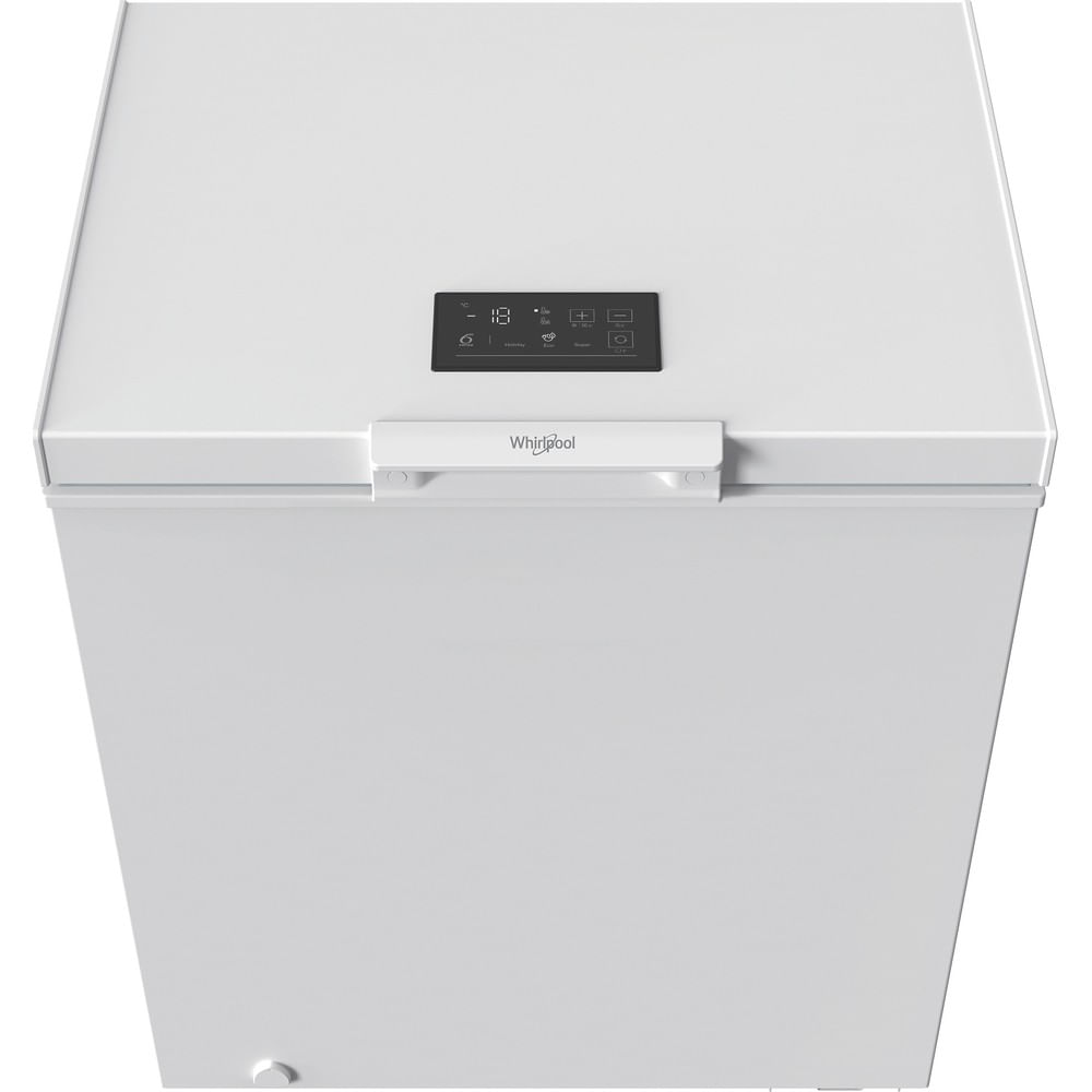 Un congelatore a pozzetto bianco con display digitale e logo Whirlpool.