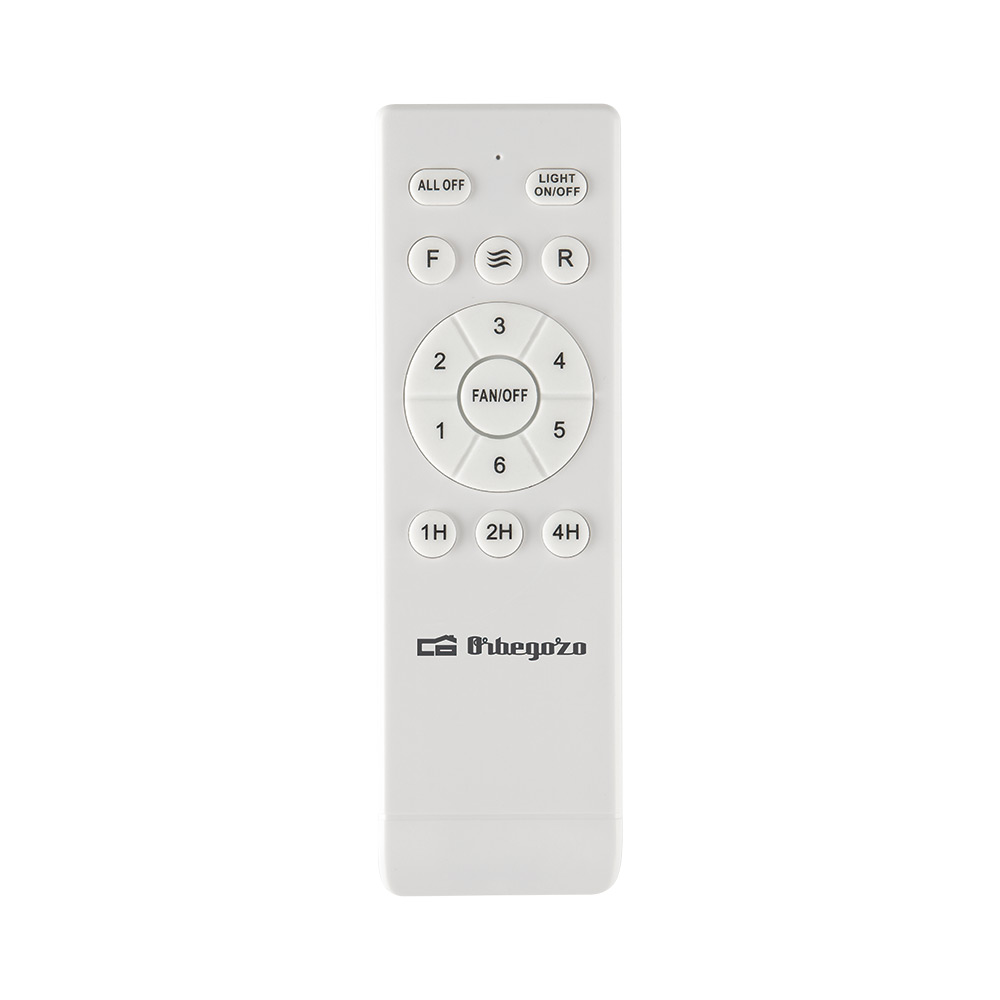 Un control remoto blanco con botones para velocidad del ventilador, luz y temporizador.