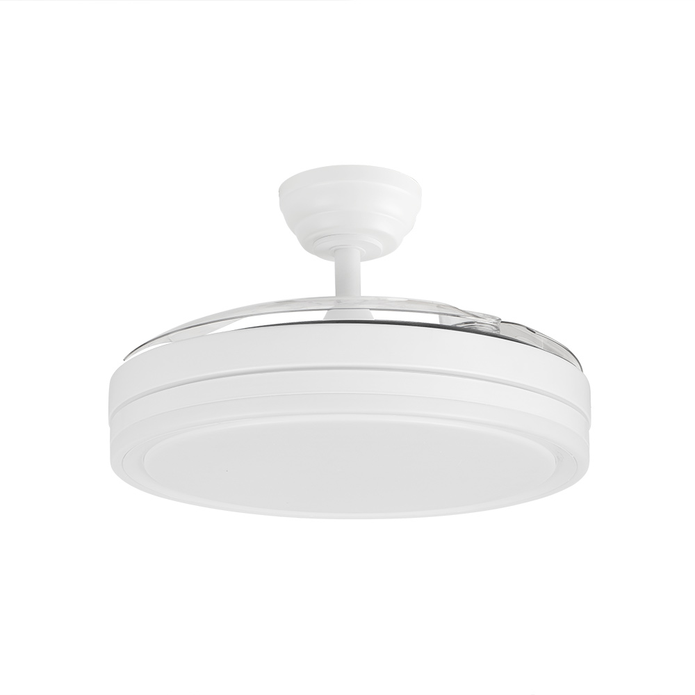 Luz de ventilador de techo blanca con aspas retráctiles y luz LED integrada.
