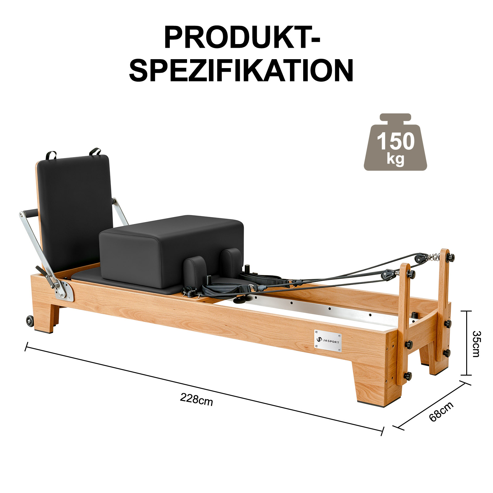 Holz Pilates Reformer mit schwarzem Polster, 228x68x35cm, 150kg Kapazität.