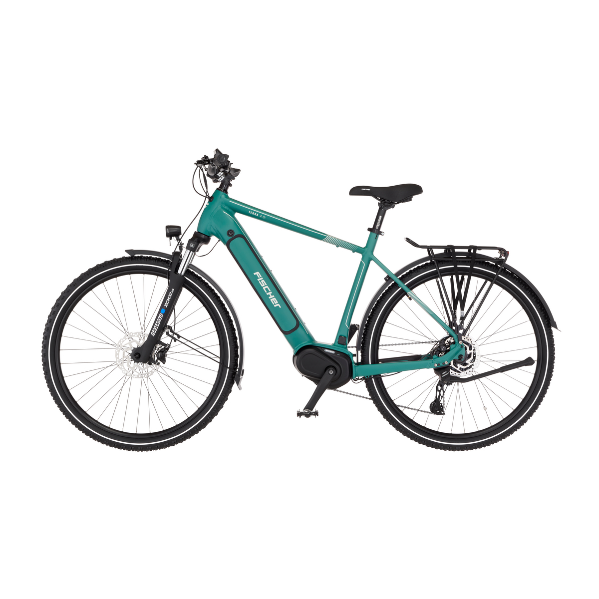 Ein türkisfarbener E-Bike mit schwarzem Sattel und Gepäckträger.