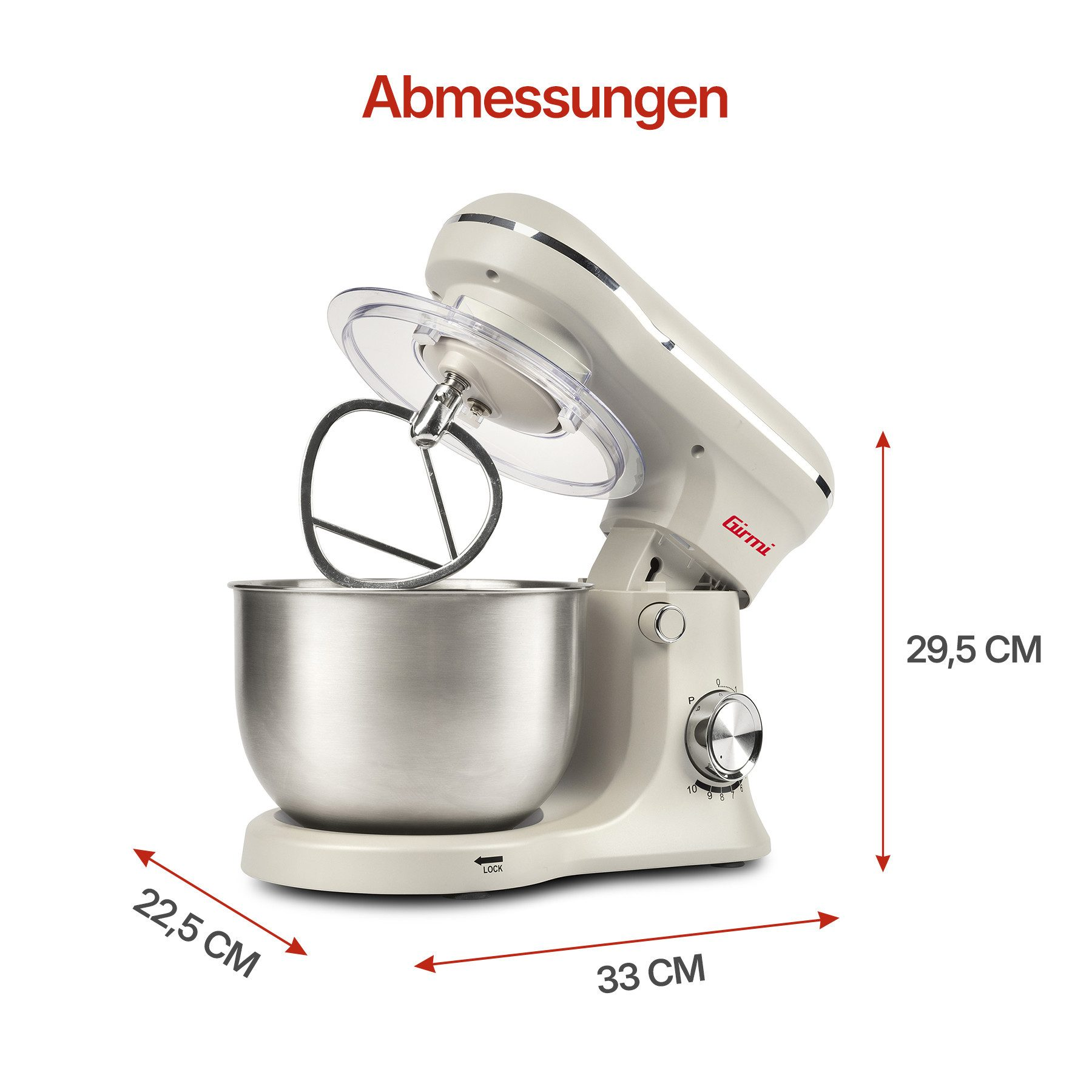 Ein cremefarbener Standmixer mit Edelstahlschüssel und Rührbesen. Maße: 33x22,5x29,5 cm.