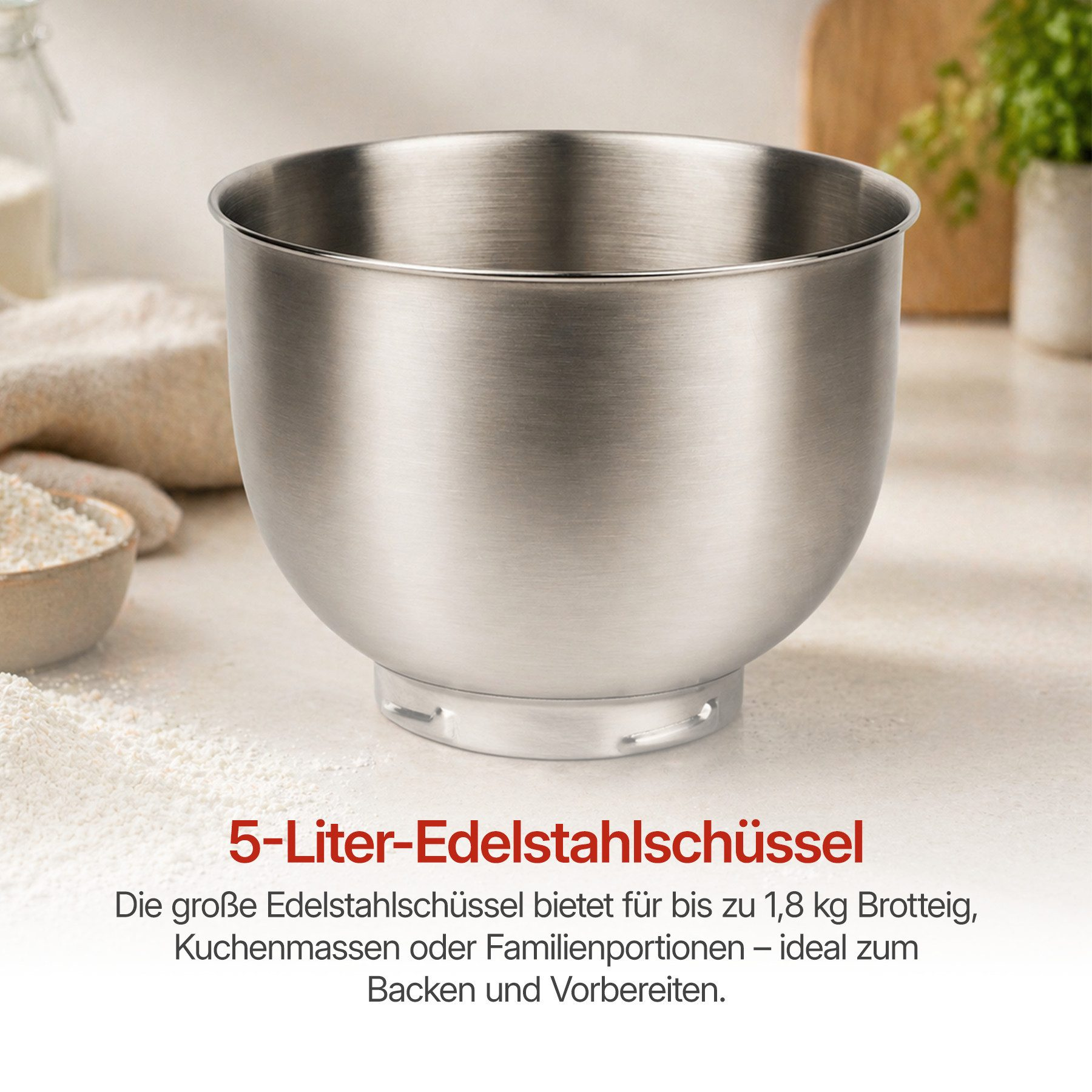 Eine große Edelstahlschüssel für Teig und Kuchenmassen.