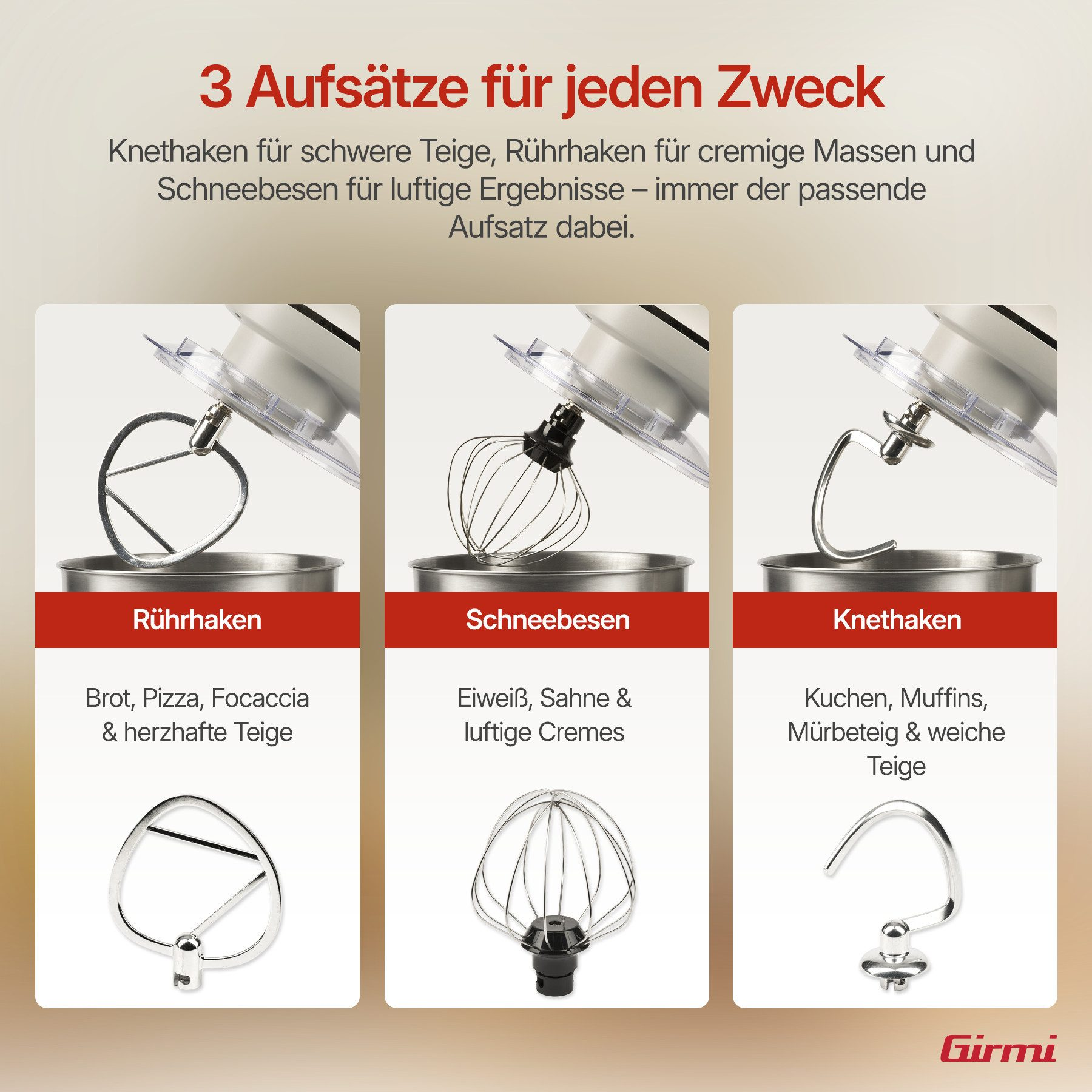 Drei Küchenmaschinen-Aufsätze: Rührhaken, Schneebesen, Knethaken.