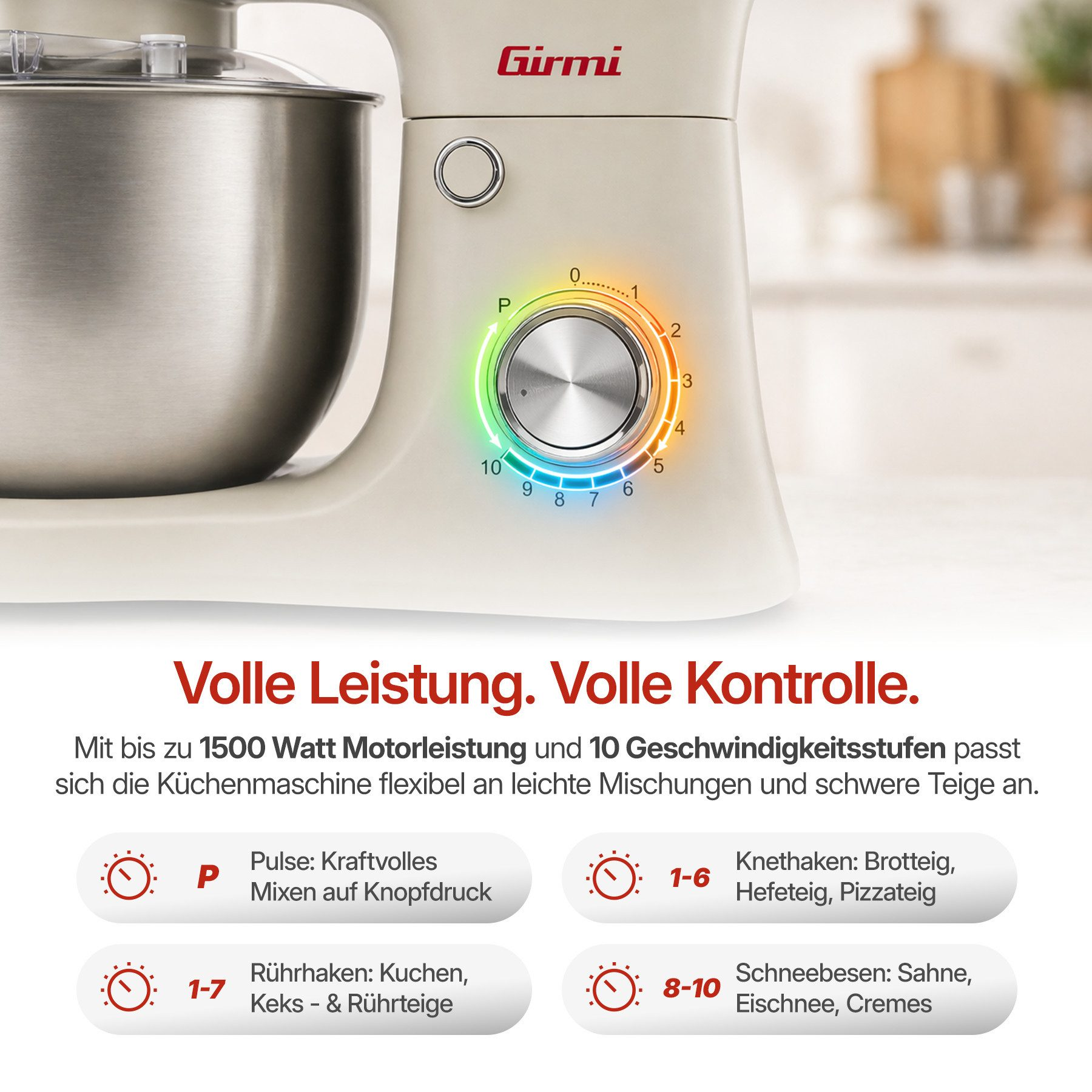 Eine cremefarbene Küchenmaschine mit Edelstahlschüssel und 10 Geschwindigkeitsstufen.