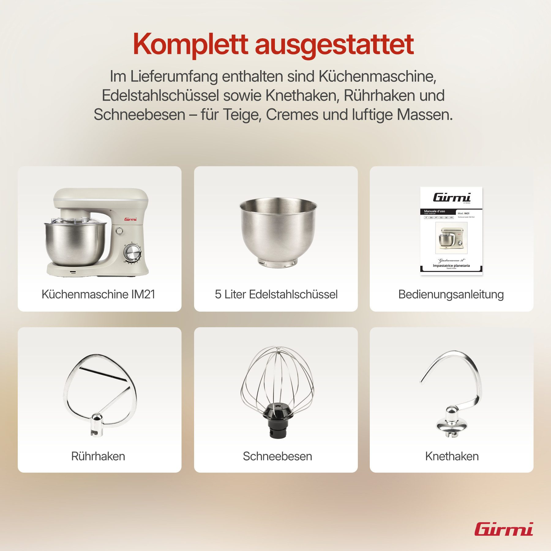 Ein Girmi Küchengerät mit Zubehör: Maschine, Schüssel, Knethaken, Rührhaken.