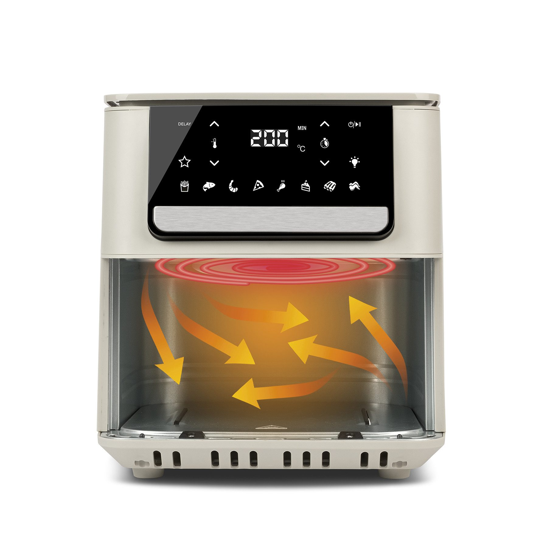 Ein beiger Heißluftfritteusen-Display zeigt 200°C. Heißluftpfeile zirkulieren.