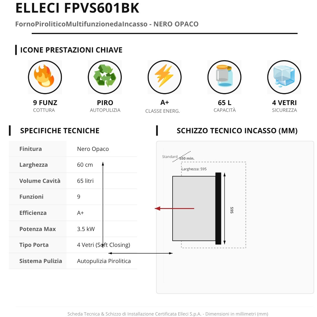 Specifiche tecniche e schema di un forno nero 9 funzioni.
