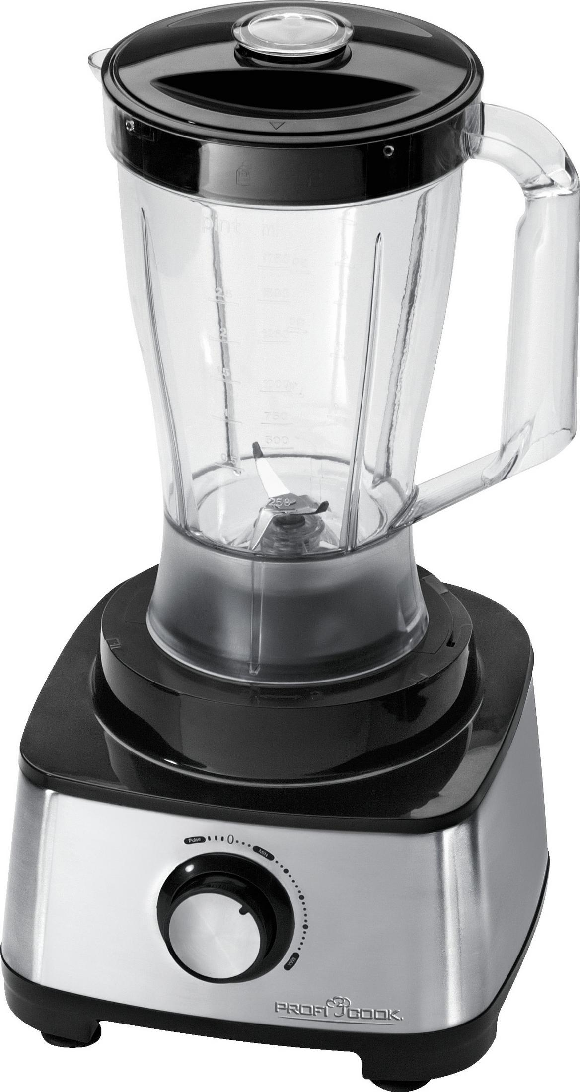 Ein silberner und schwarzer Standmixer mit einem Glasbehälter und Metallklingen.