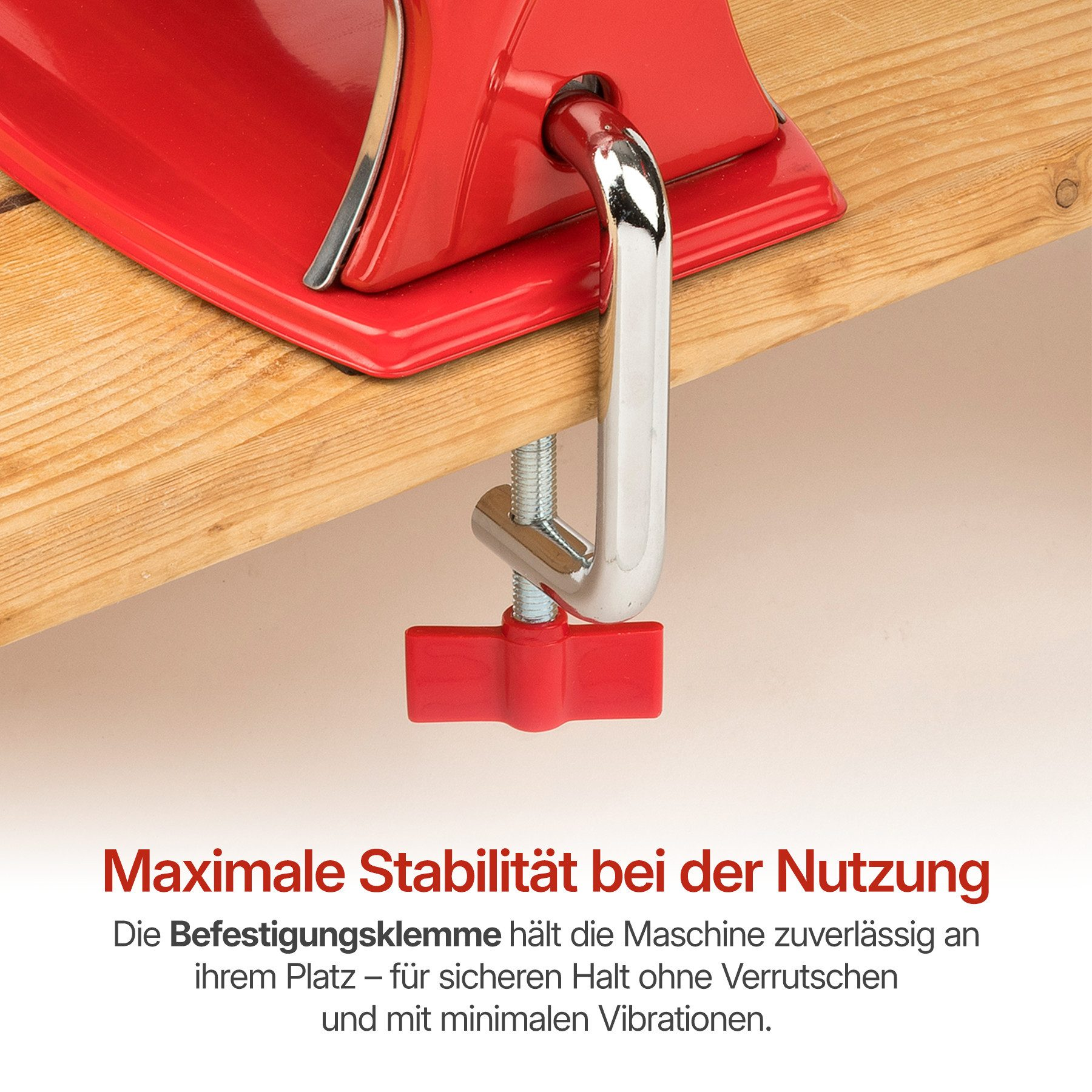 Eine rote Klemme hält ein Gerät auf einem Holztisch. Maximale Stabilität.
