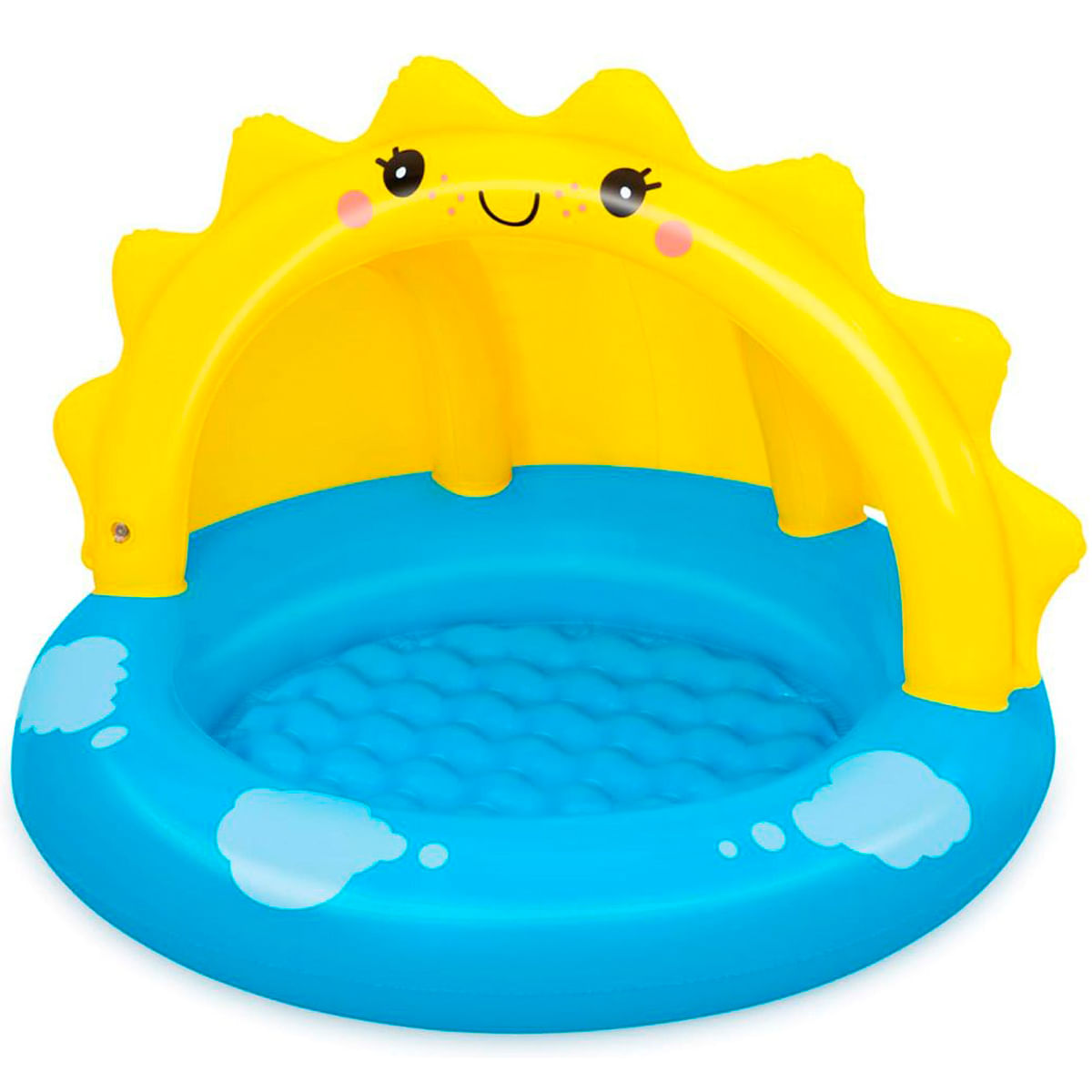Una piscina inflable para niños con dosel solar y detalles de nubes.
