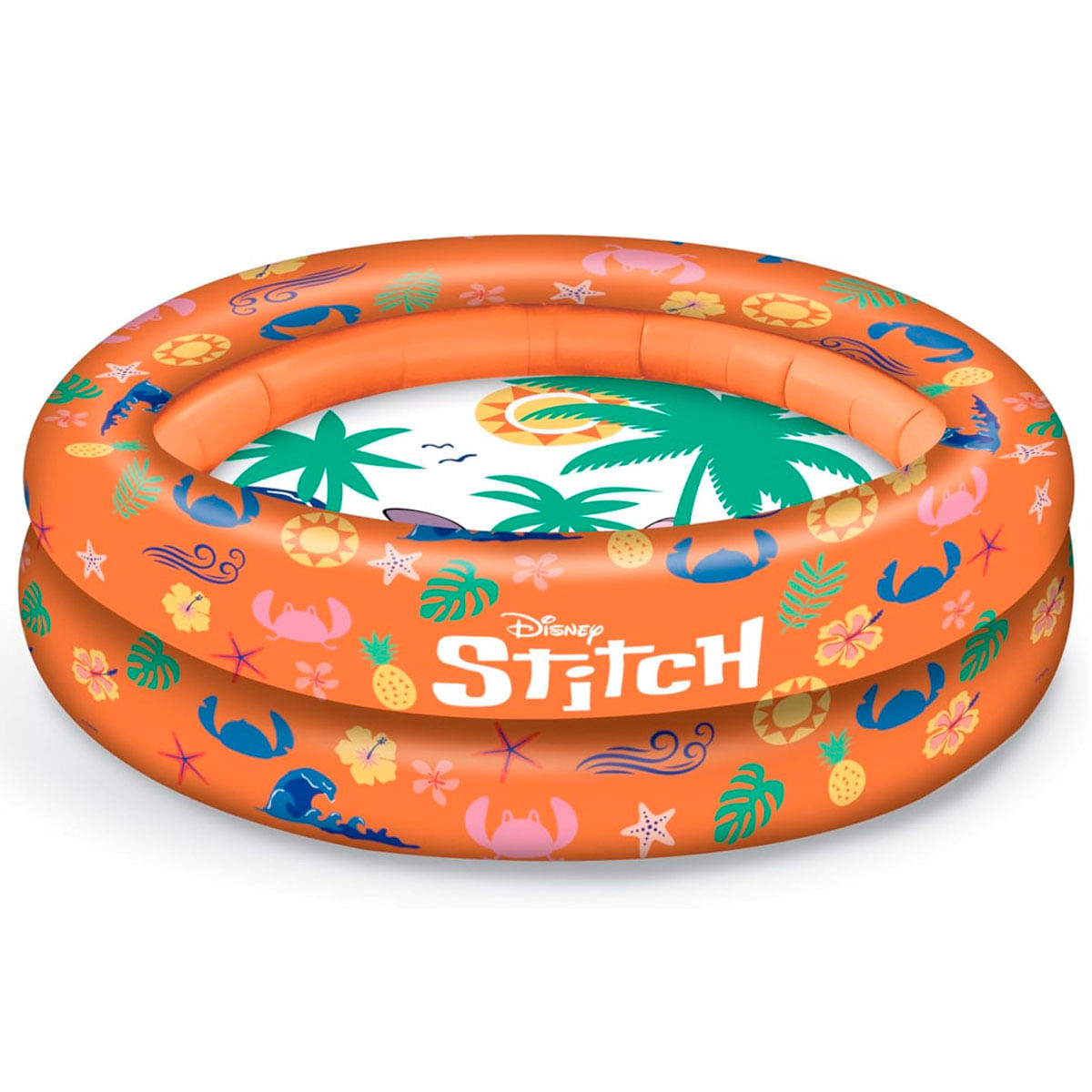 Una piscina inflable naranja temática de Stitch con palmeras y diseños tropicales.