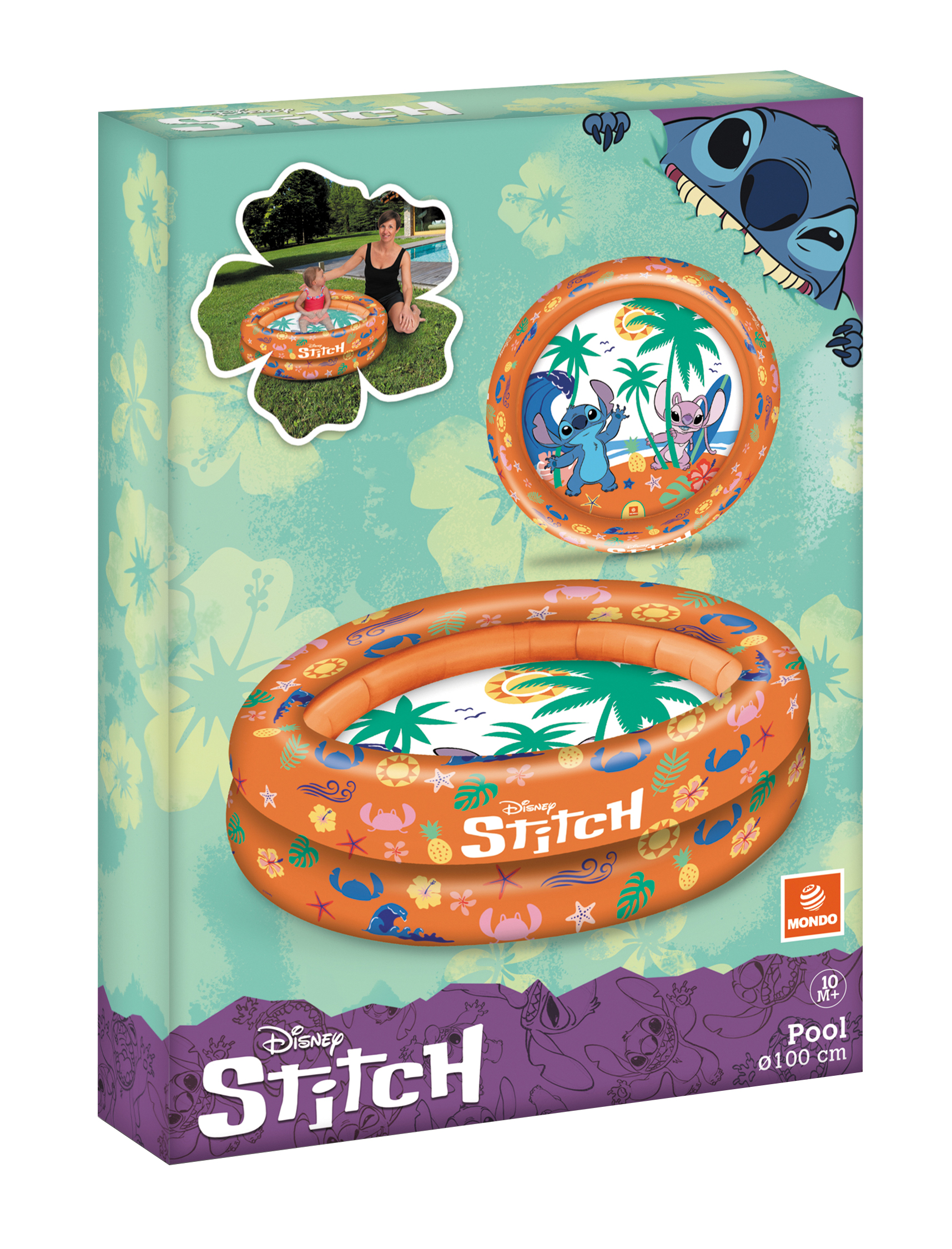 Embalaje de piscina Stitch con tema Disney, piscina pequeña y niño.