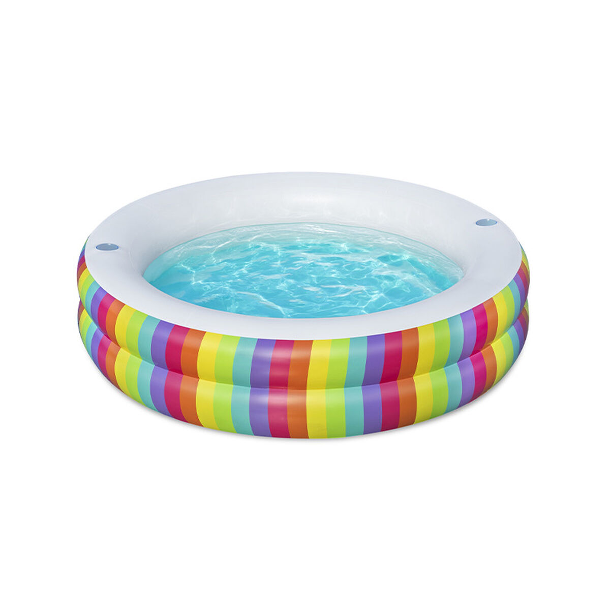 Piscina inflable con rayas coloridas y agua clara.