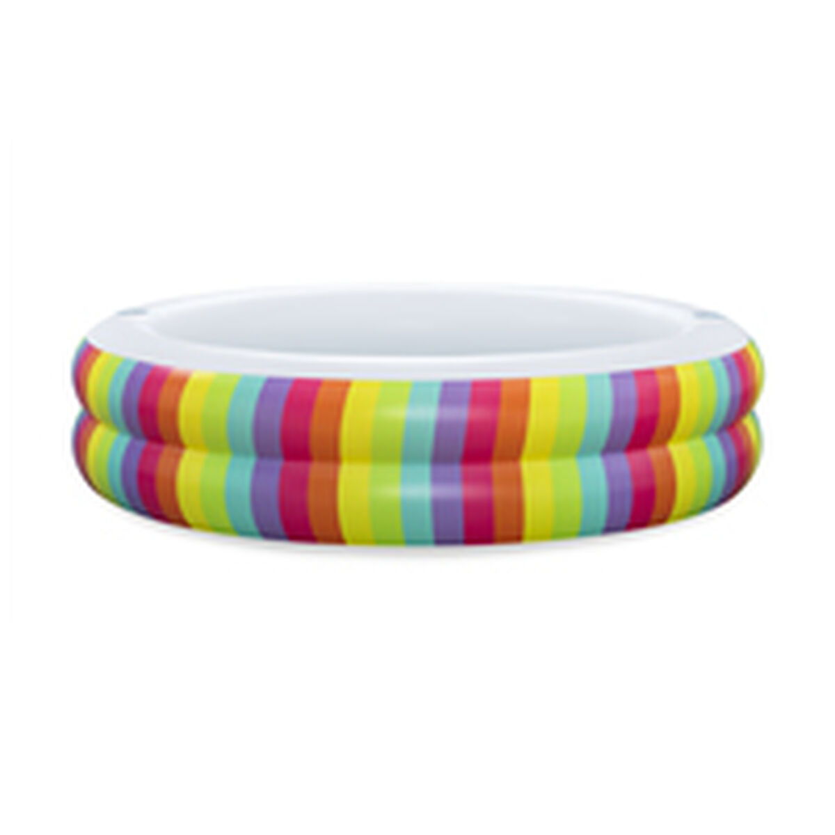 Piscina inflable con rayas coloridas en rojo, naranja, amarillo, verde, azul y morado.