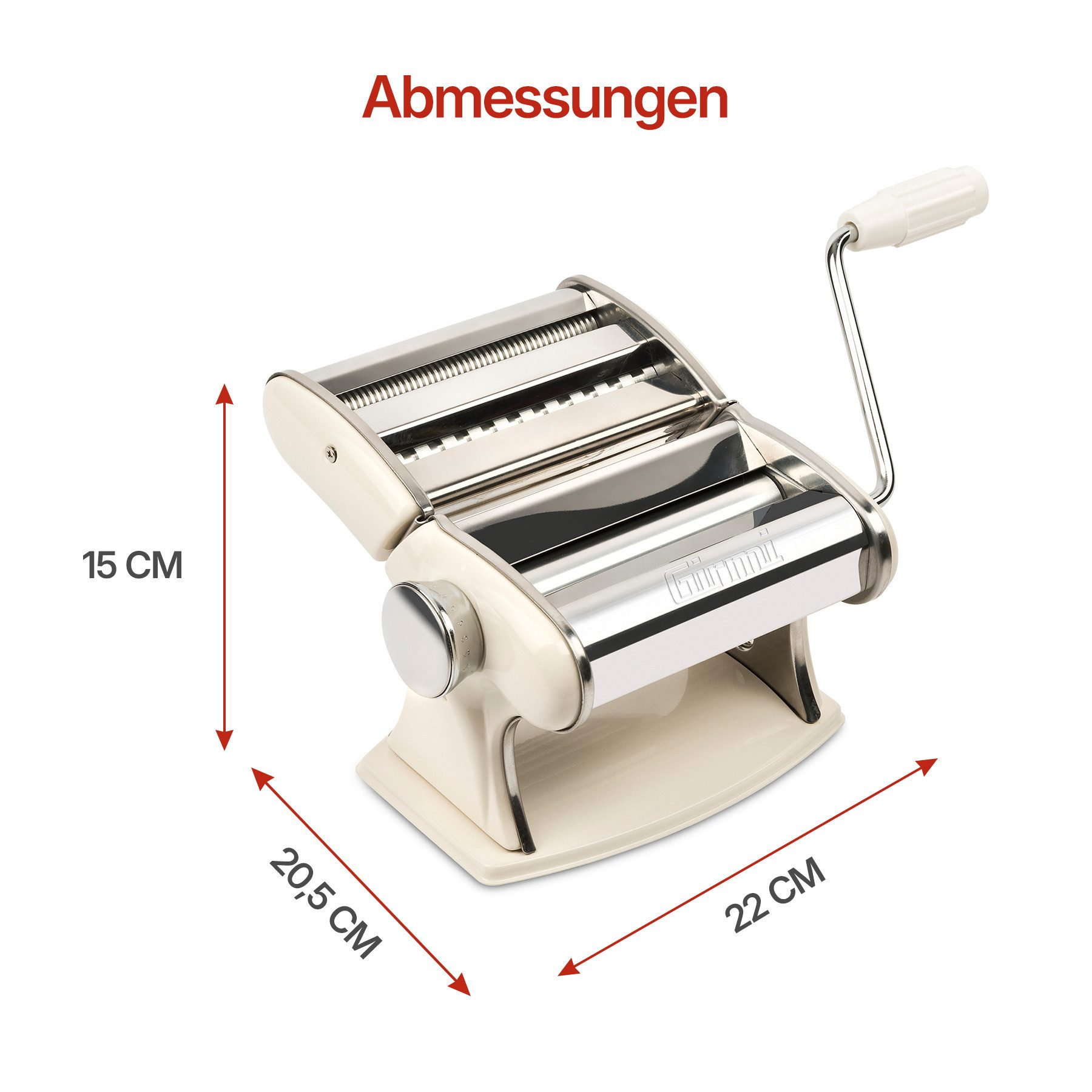 Eine cremefarbene Nudelmaschine mit silbernen Walzen und einem weißen Griff.