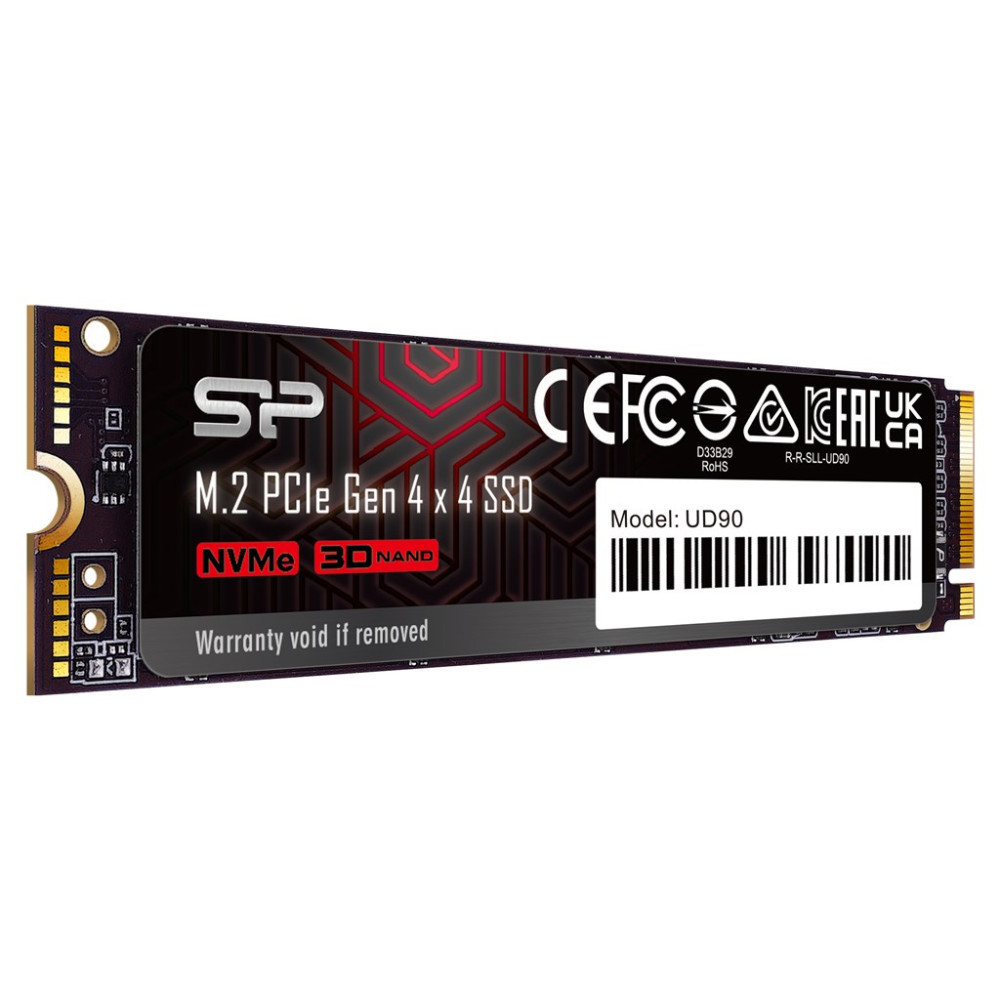 Dysk SSD SP M.2 PCIe Gen 4x4, model UD90, z NVMe 3D NAND, na czarnym tle.