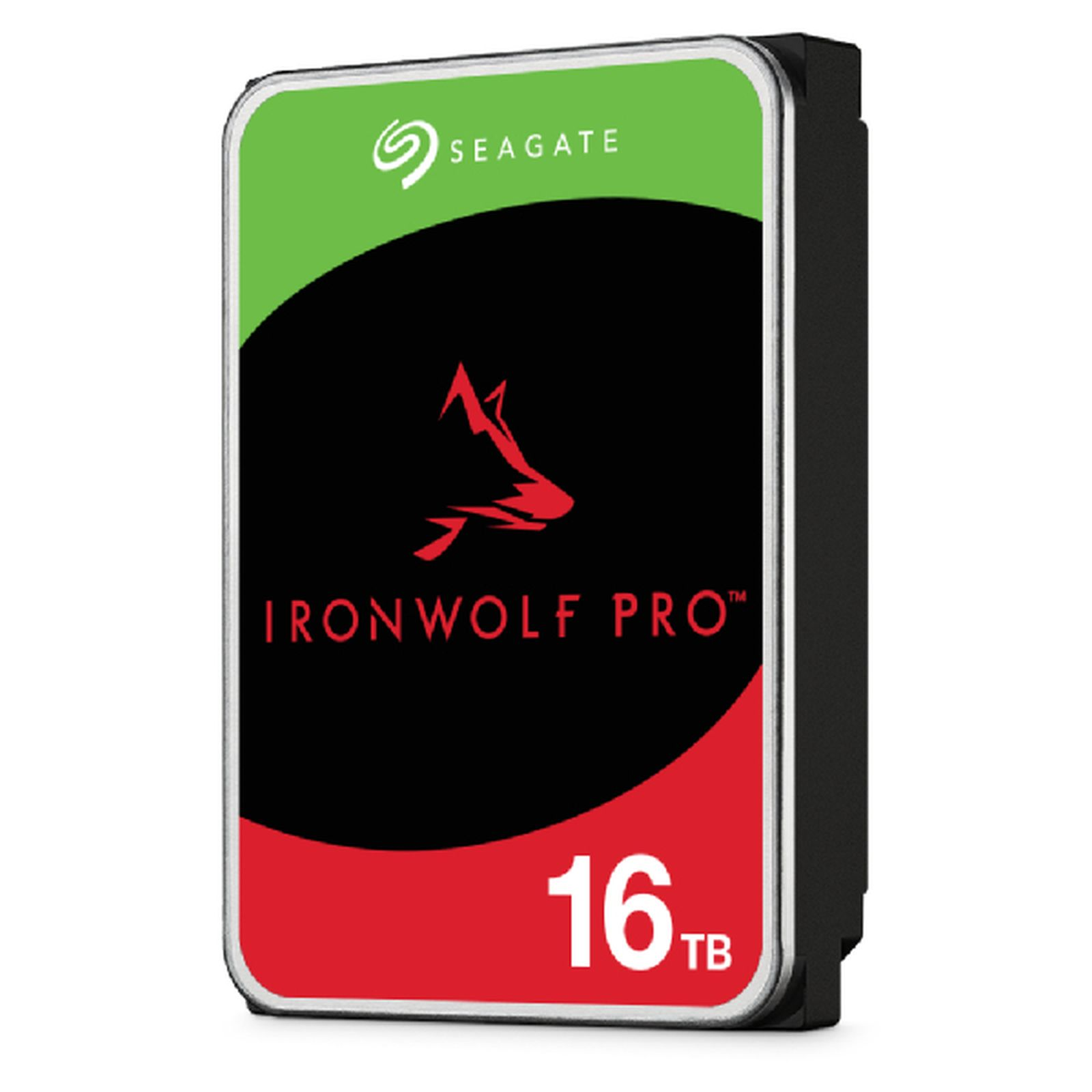 Seagate IronWolf Pro 16TB hard drive with a red wolf head logo and green top.