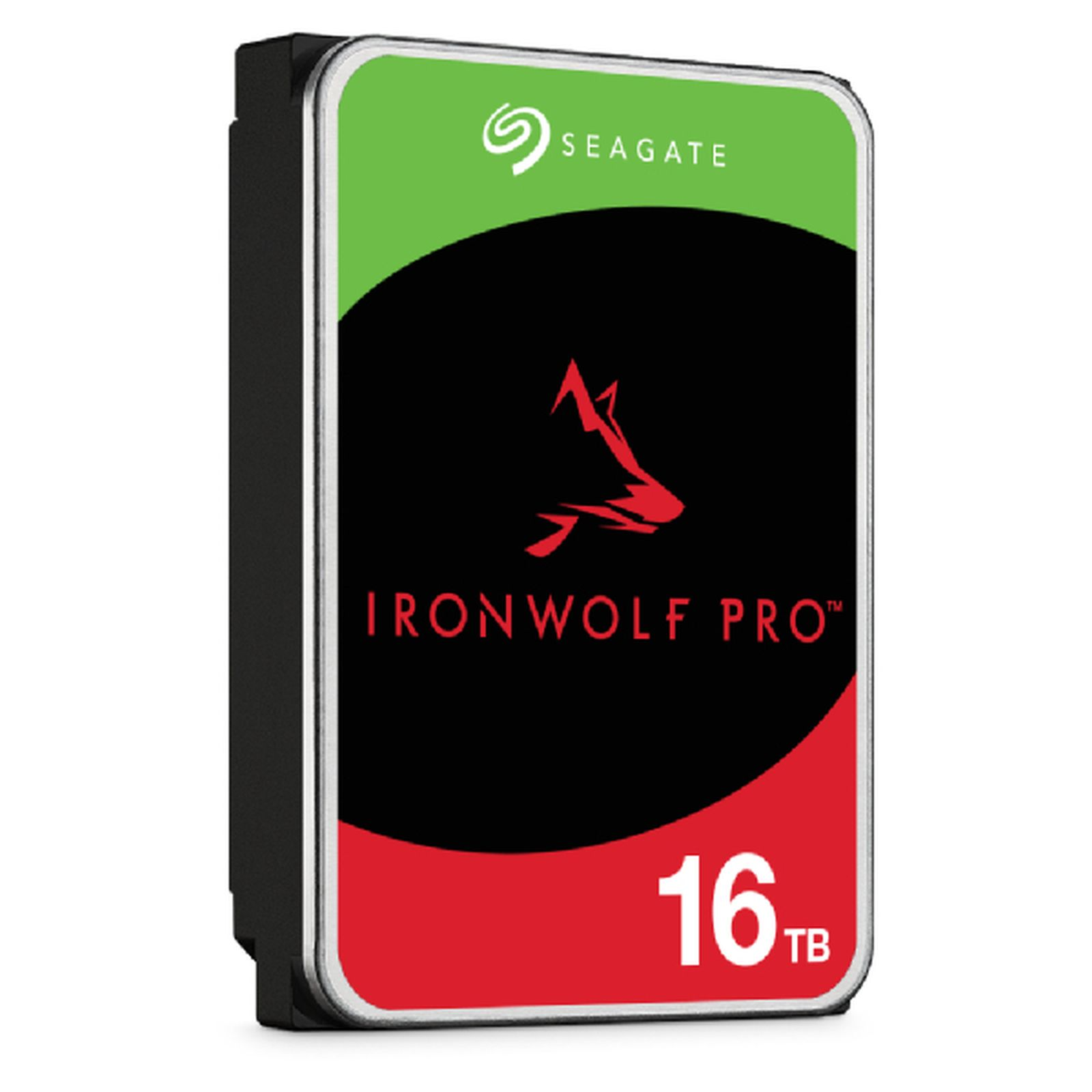 Seagate IronWolf Pro 16TB HDD with red wolf logo on black and red background.