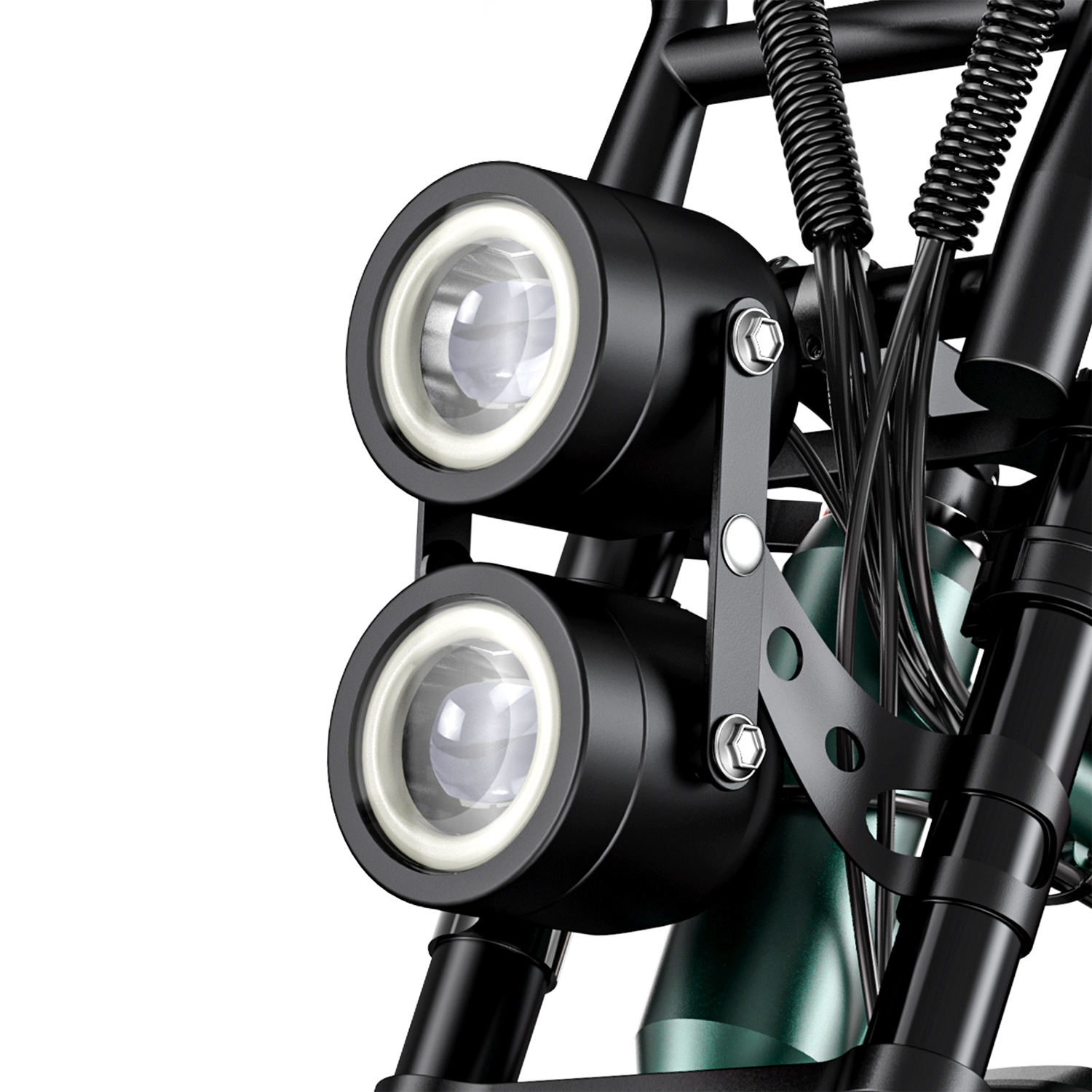 Dos faros negros con borde plateado en una motocicleta.