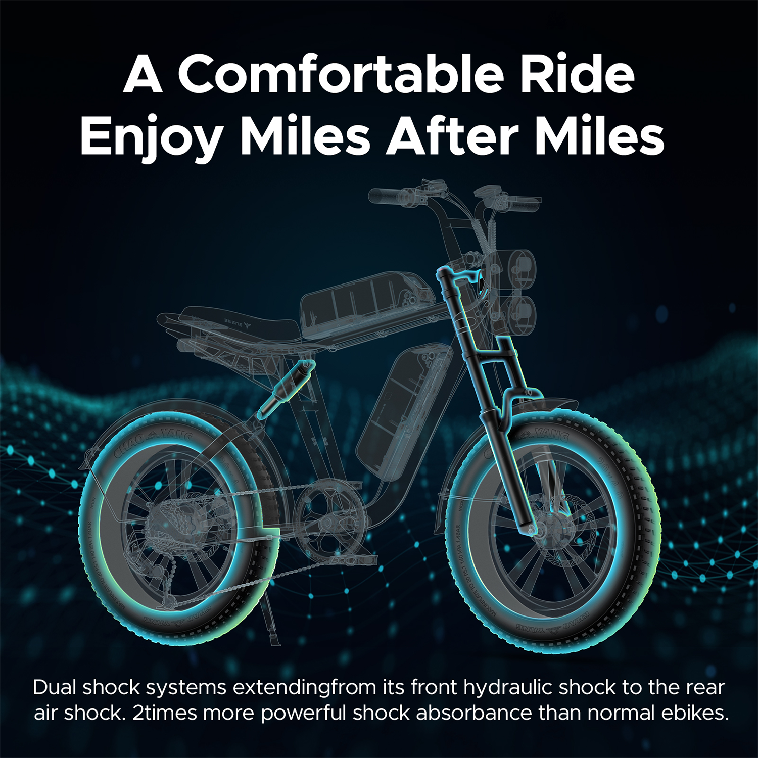Una bicicleta eléctrica con sistema de doble amortiguación: hidráulica delantera y de aire trasera.