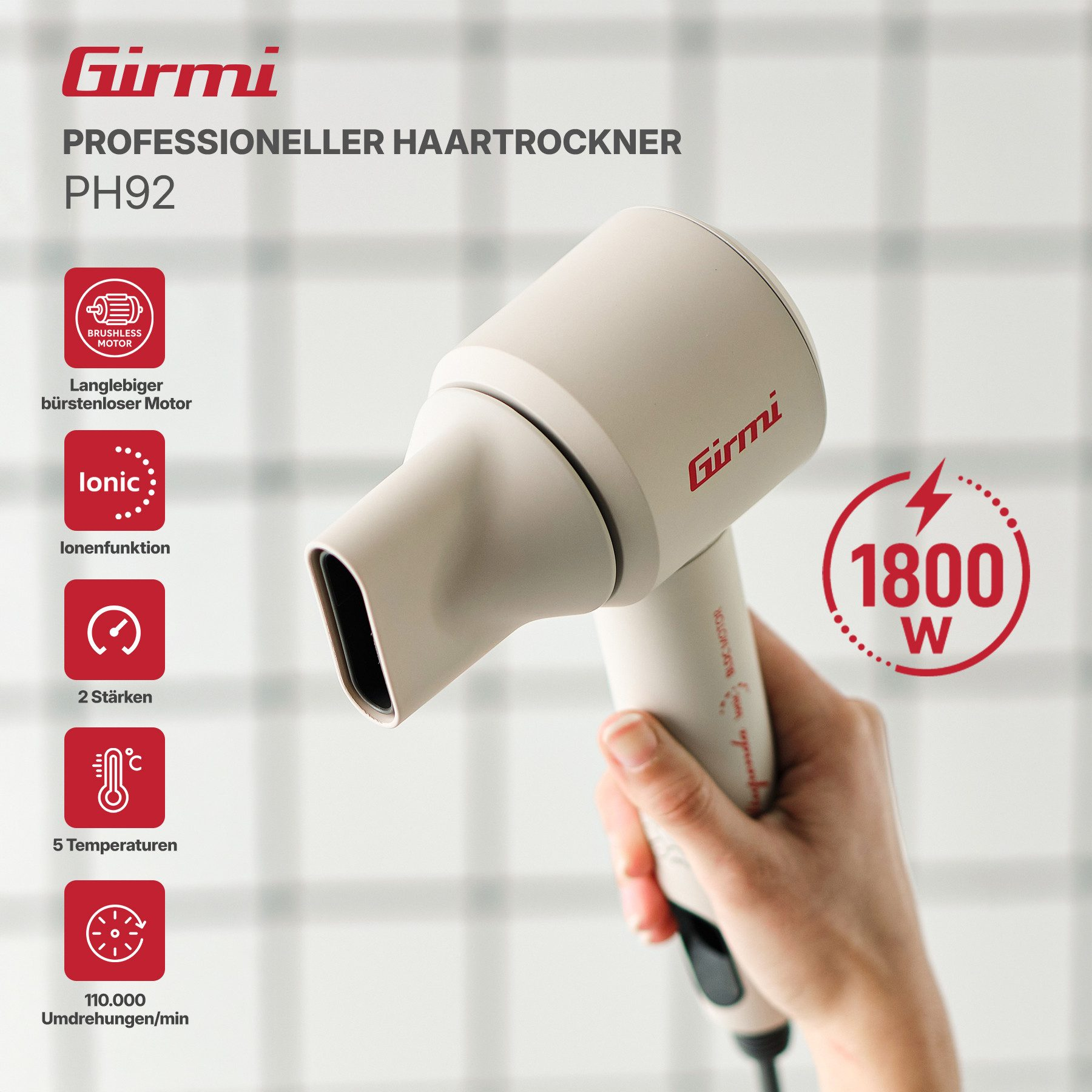 Asciugacapelli Girmi PH92 con 1800W, motore brushless e funzione ionica.