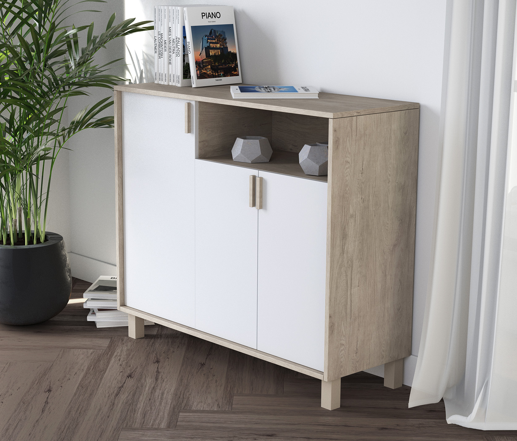 Un armario blanco y de madera con libros y objetos decorativos en el estante.