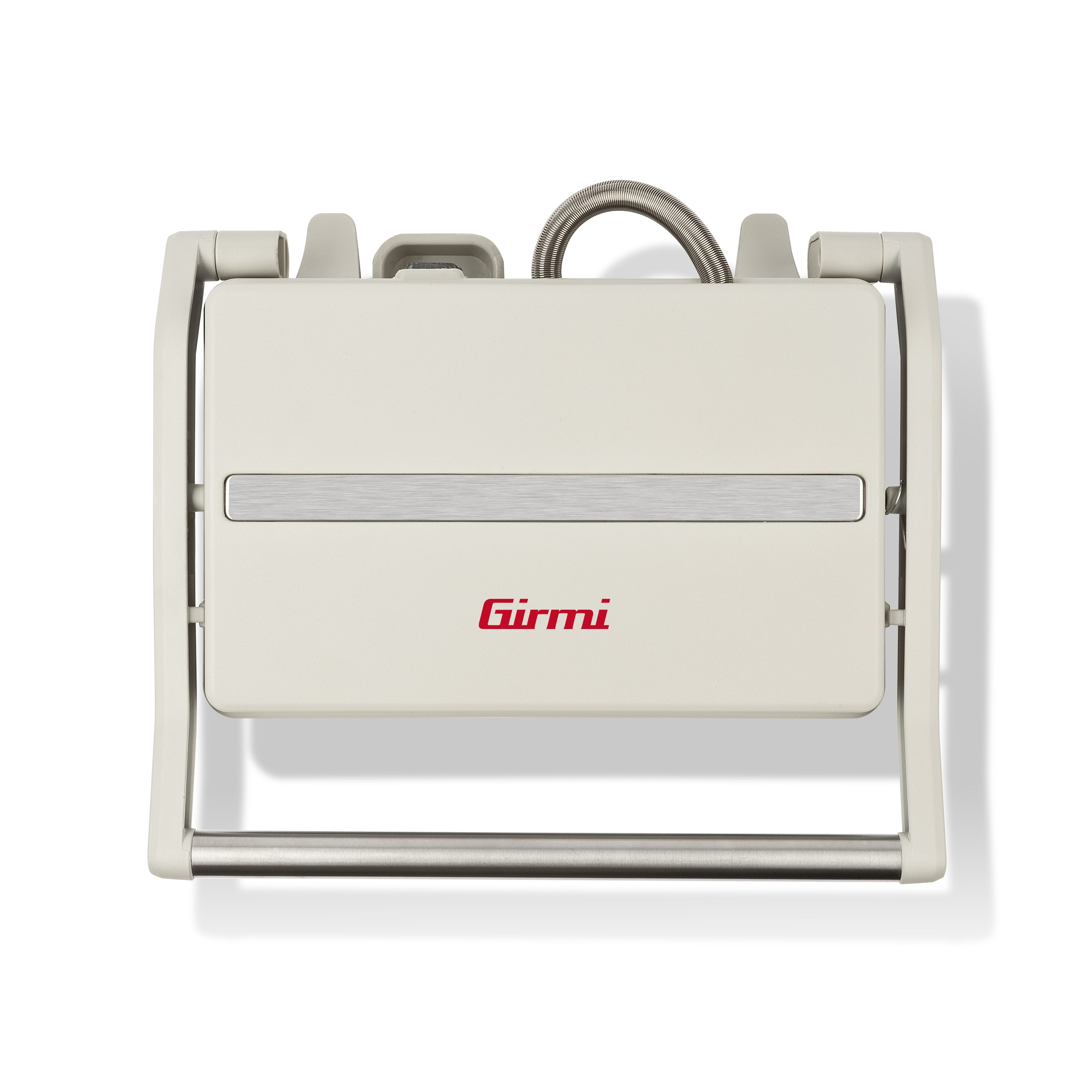 Ein geschlossener, cremefarbener Kontaktgrill mit silbernem Griff und Girmi-Logo.