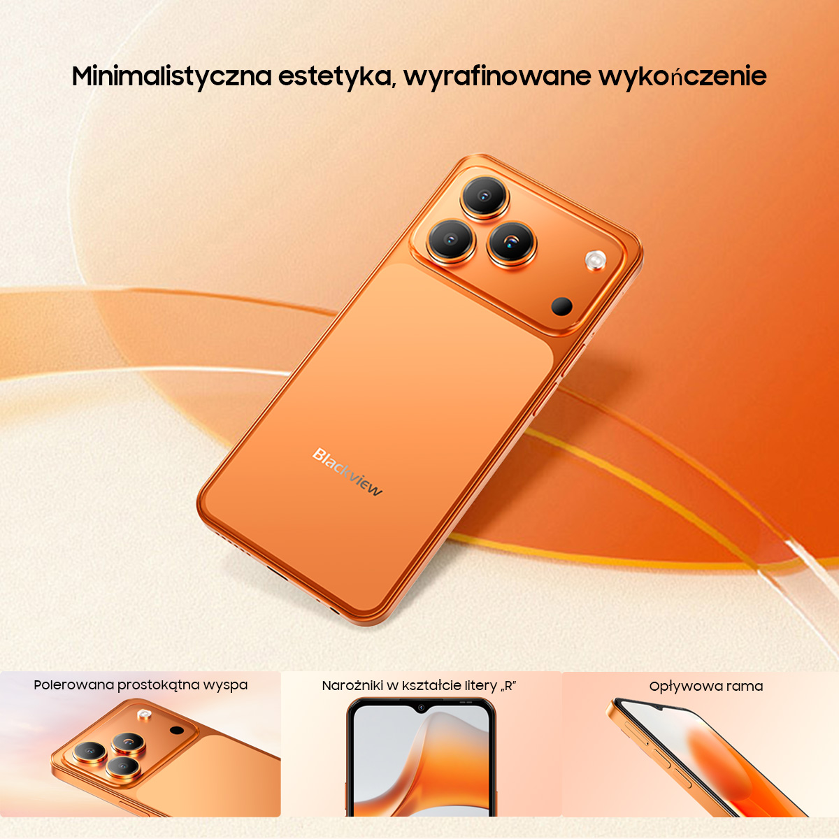 Pomarańczowy smartfon z trzema aparatami i logo Blackview na plecach.
