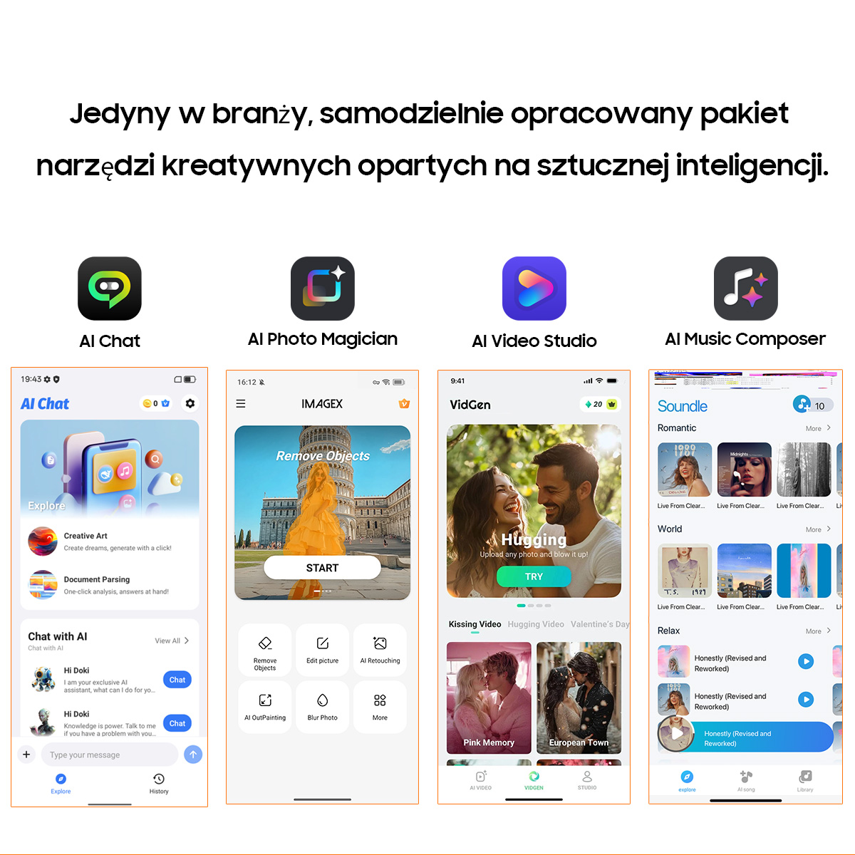Cztery aplikacje AI: Czat, Zdjęcie, Wideo, Muzyka. Z przykładami interfejsu.