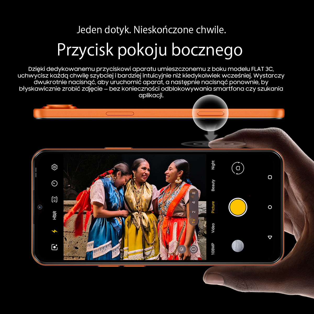 Pomarańczowy smartfon z interfejsem aparatu pokazującym trzy kobiety. Boczne przyciski podświetlone.