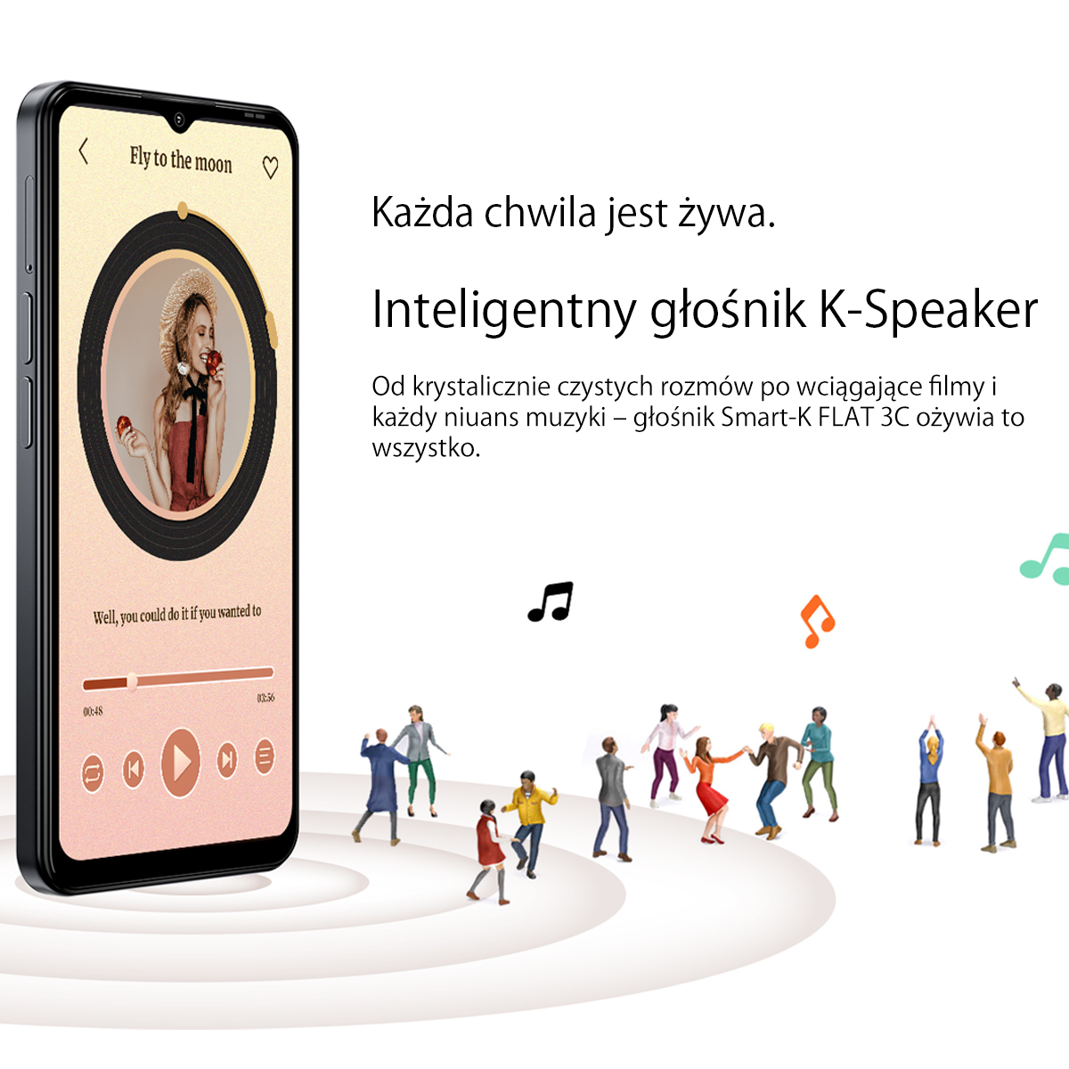 Smartfon wyświetla muzykę. Małe figurki tańczą wokół. Tekst reklamuje głośnik.