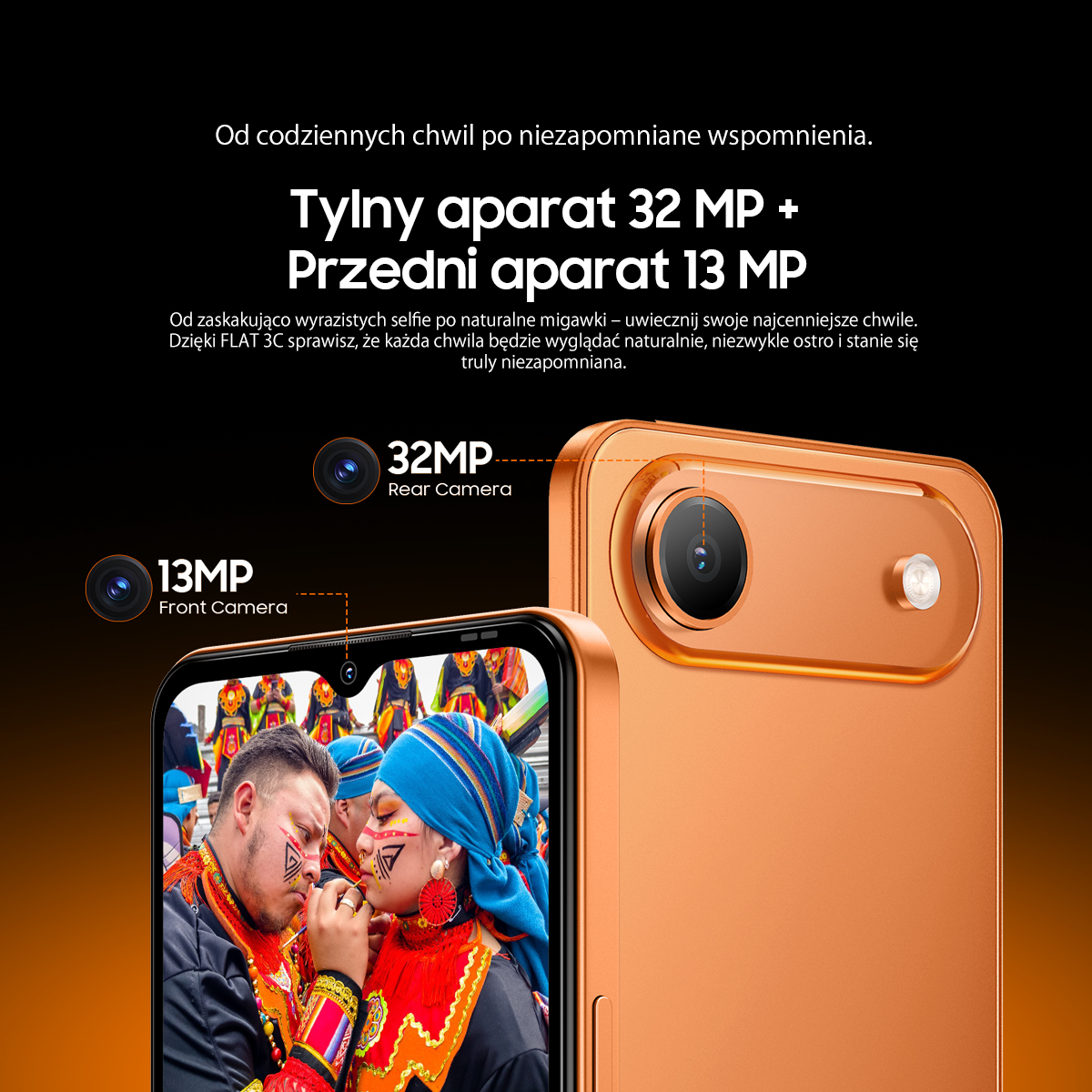 Pomarańczowy smartfon z aparatem tylnym 32MP i przednim 13MP.