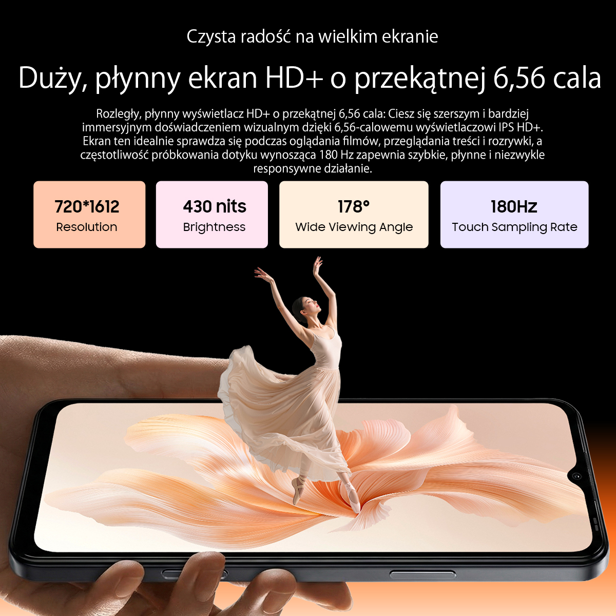 Telefon prezentuje tancerkę na kwiatowym tle. Wymieniono specyfikacje.