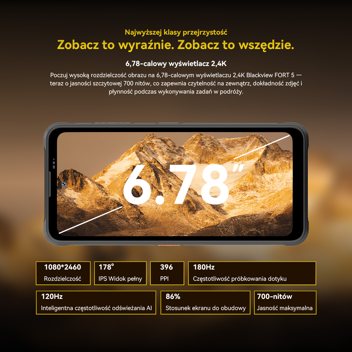 Smartfon z ekranem 6,78 cala pokazuje góry. Wymieniono specyfikacje.